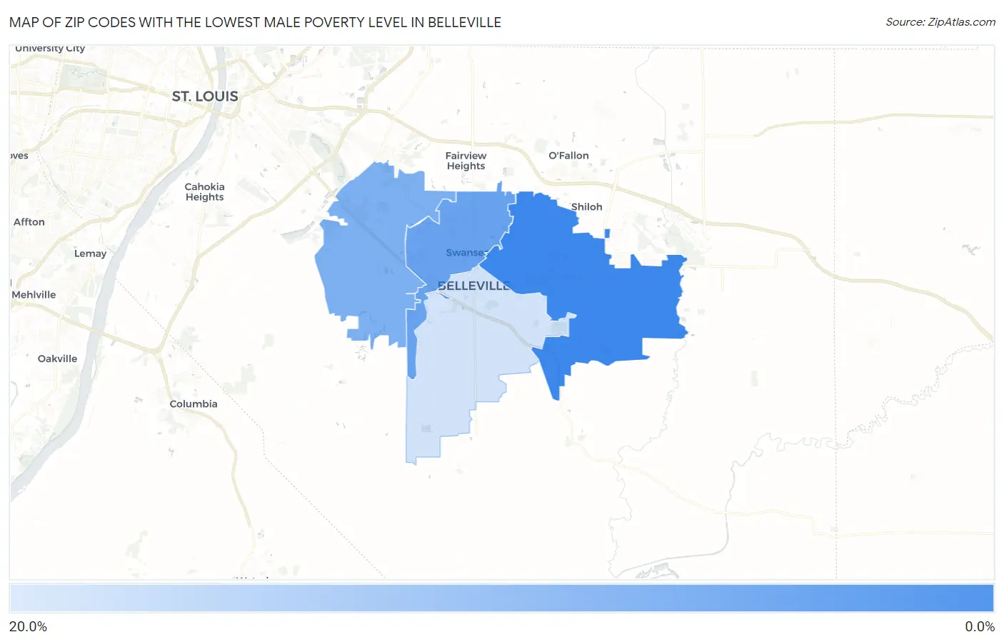 Zip Codes with the Lowest Male Poverty Level in Belleville Map