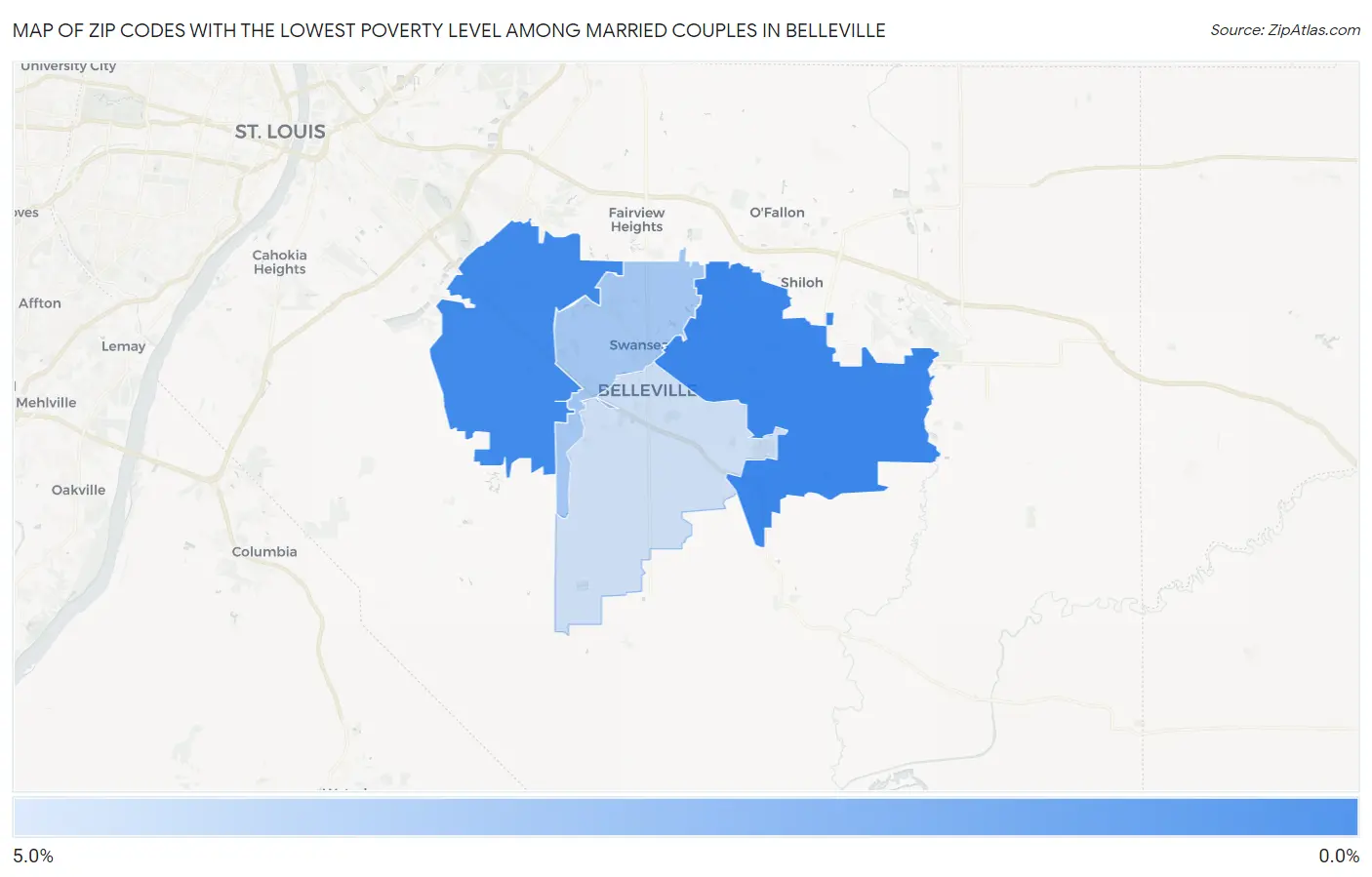 Zip Codes with the Lowest Poverty Level Among Married Couples in Belleville Map