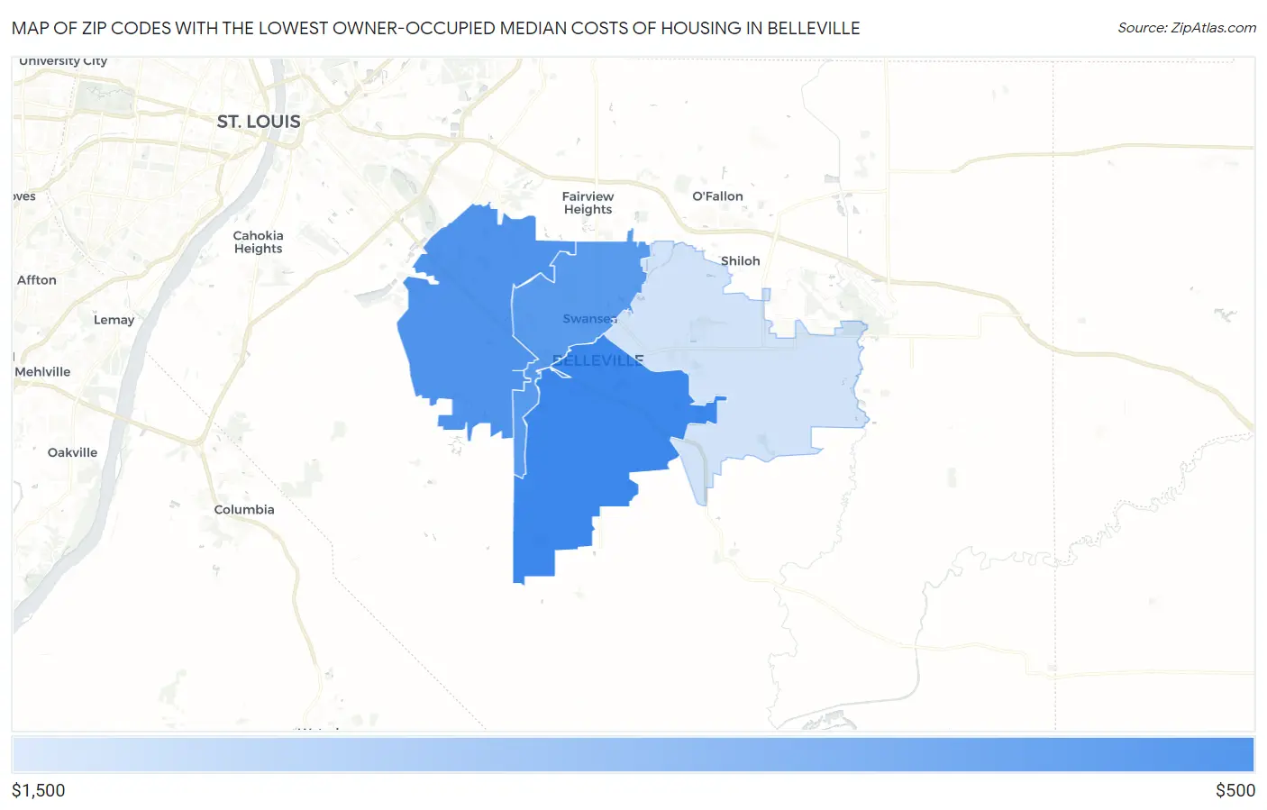 Zip Codes with the Lowest Owner-Occupied Median Costs of Housing in Belleville Map