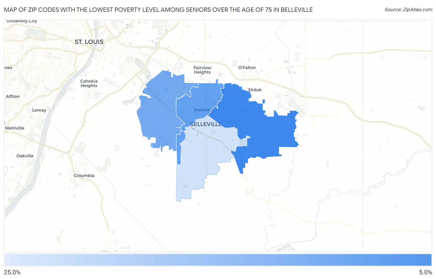 Zip Codes with the Lowest Poverty Level Among Seniors Over the Age of 75 in Belleville Map