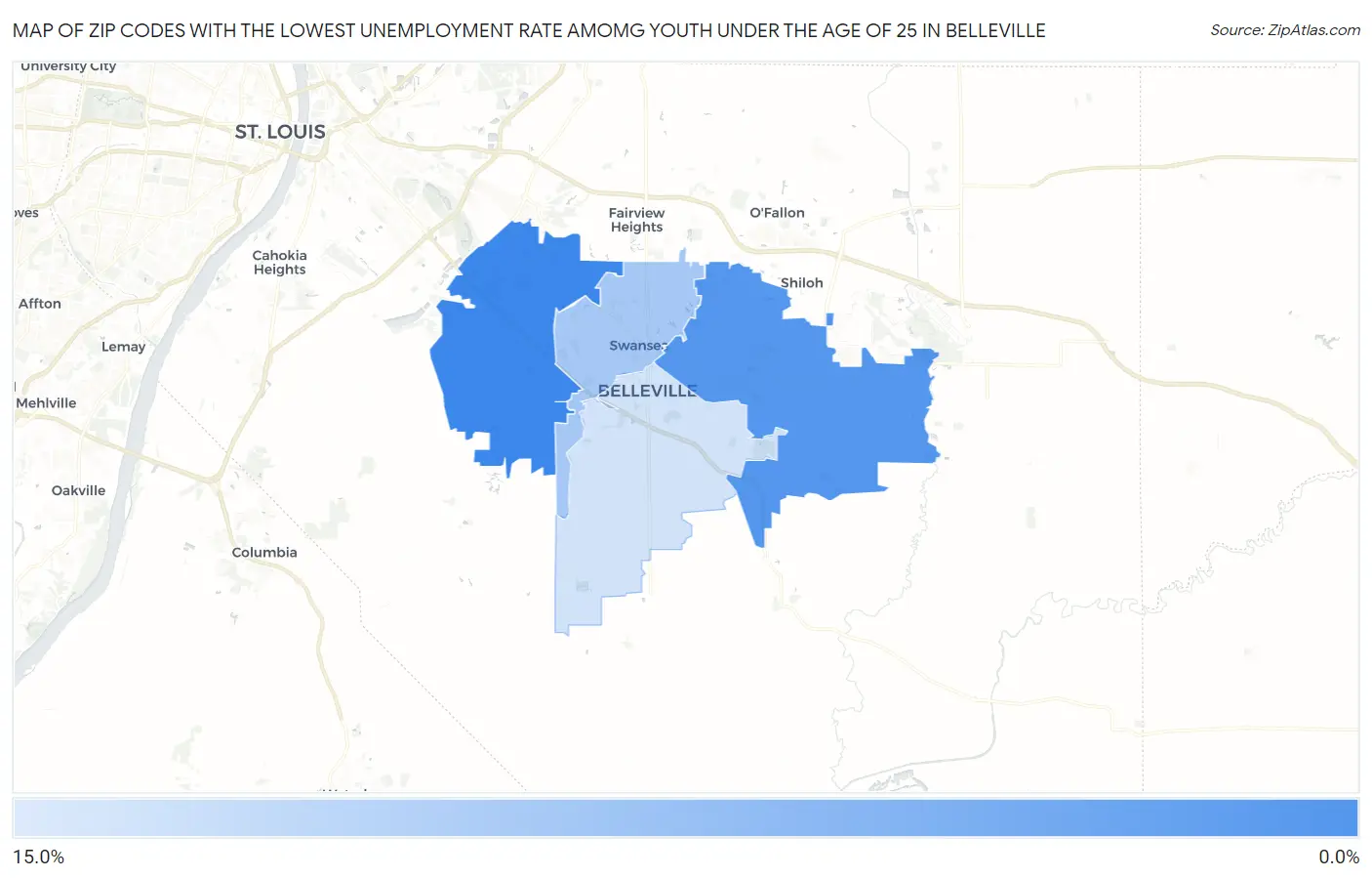 Zip Codes with the Lowest Unemployment Rate Amomg Youth Under the Age of 25 in Belleville Map