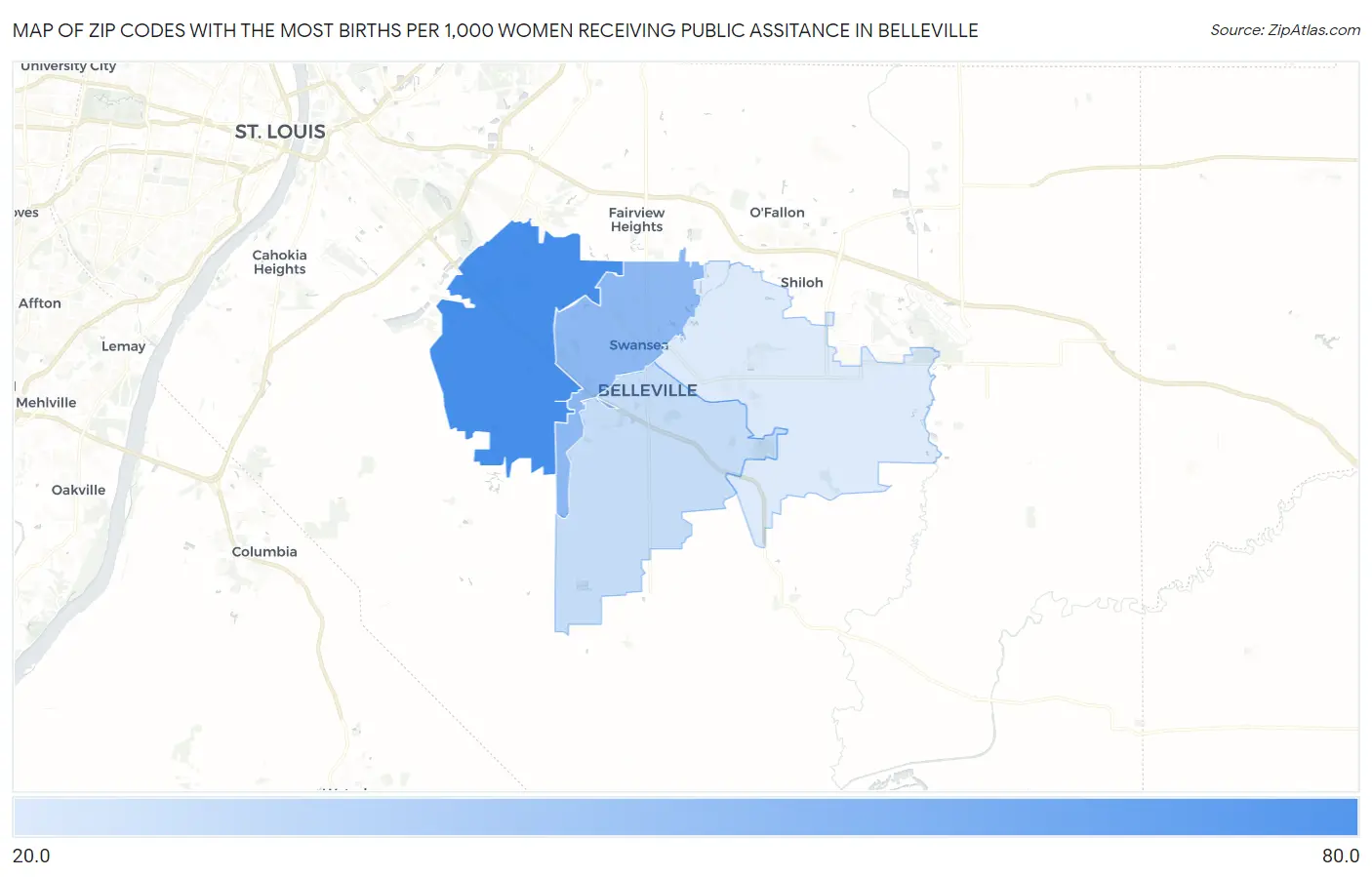 Zip Codes with the Most Births per 1,000 Women Receiving Public Assitance in Belleville Map