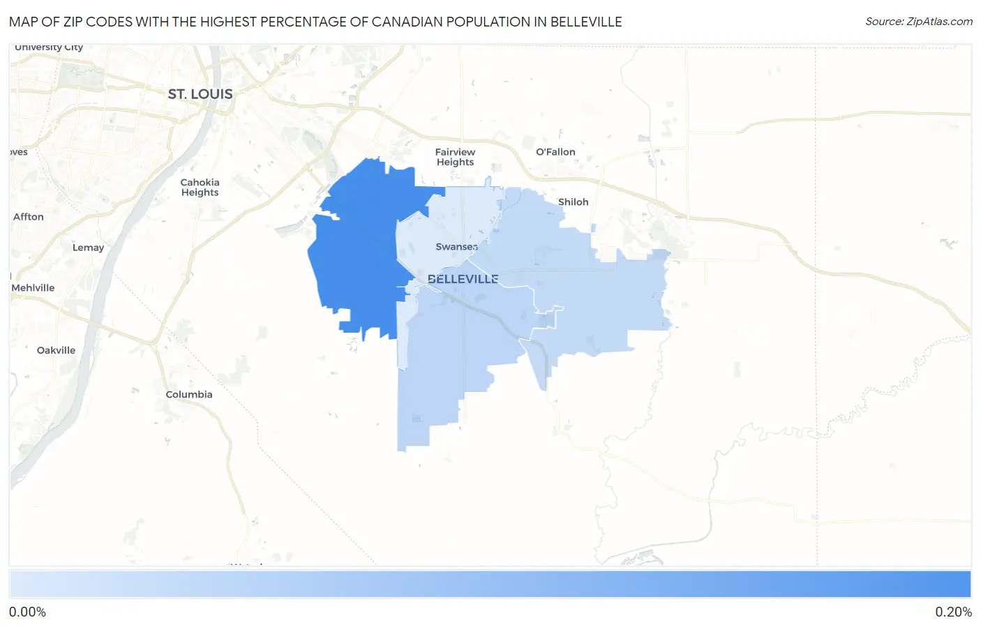 Zip Codes with the Highest Percentage of Canadian Population in Belleville Map