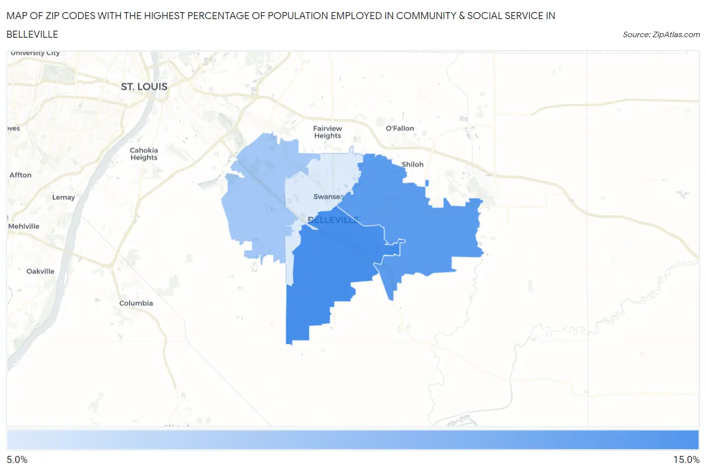 Zip Codes with the Highest Percentage of Population Employed in Community & Social Service  in Belleville Map