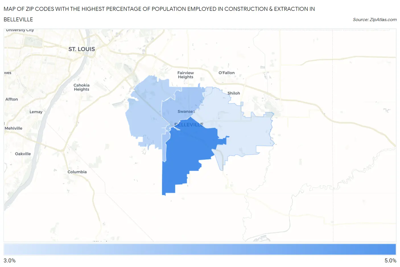 Zip Codes with the Highest Percentage of Population Employed in Construction & Extraction in Belleville Map