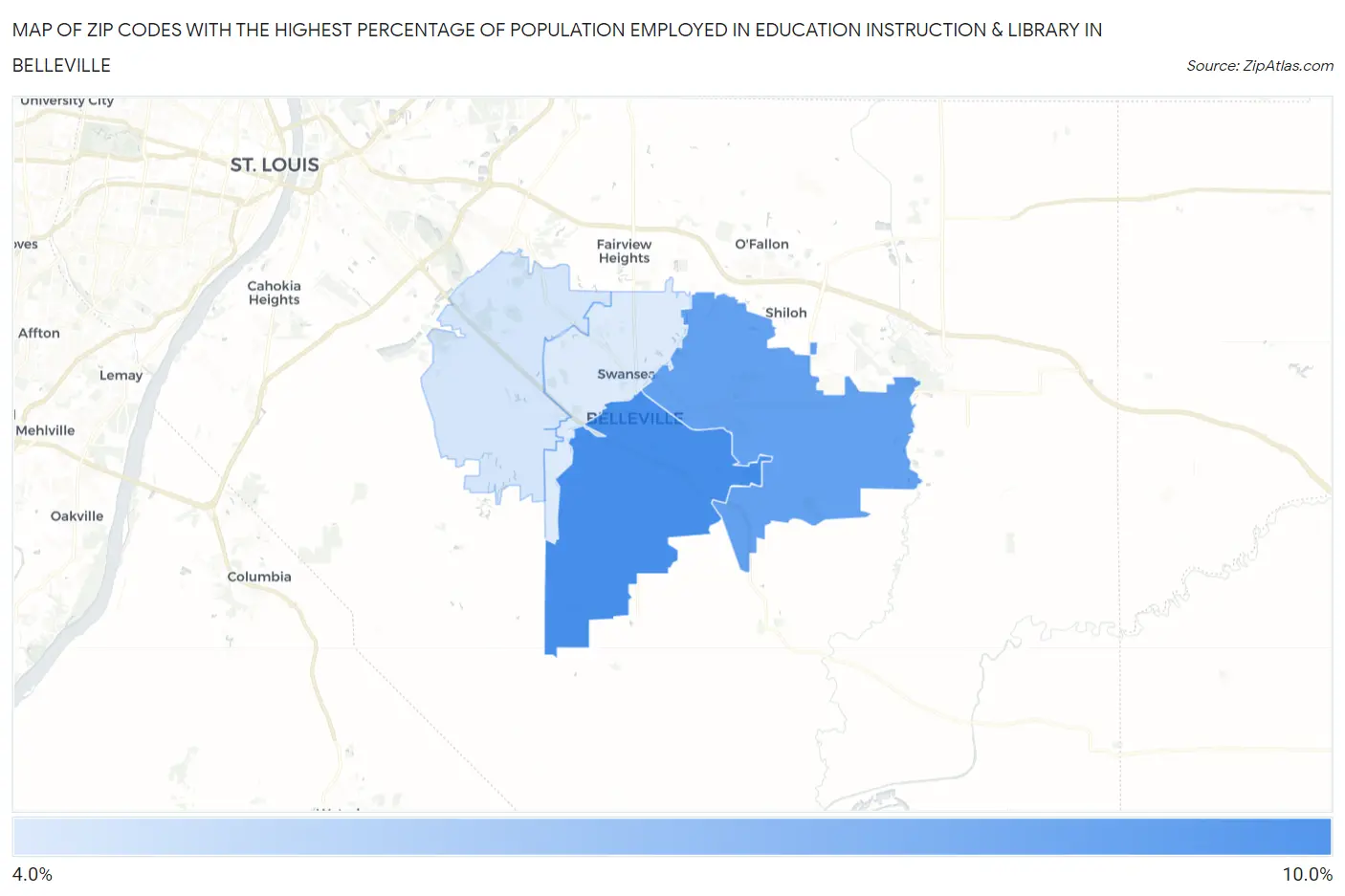 Zip Codes with the Highest Percentage of Population Employed in Education Instruction & Library in Belleville Map