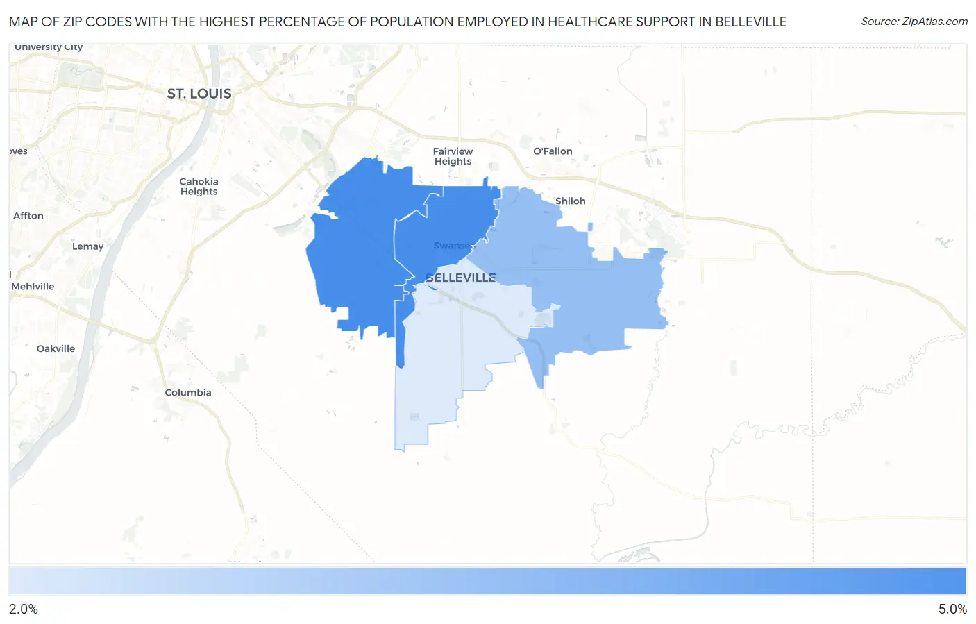 Zip Codes with the Highest Percentage of Population Employed in Healthcare Support in Belleville Map