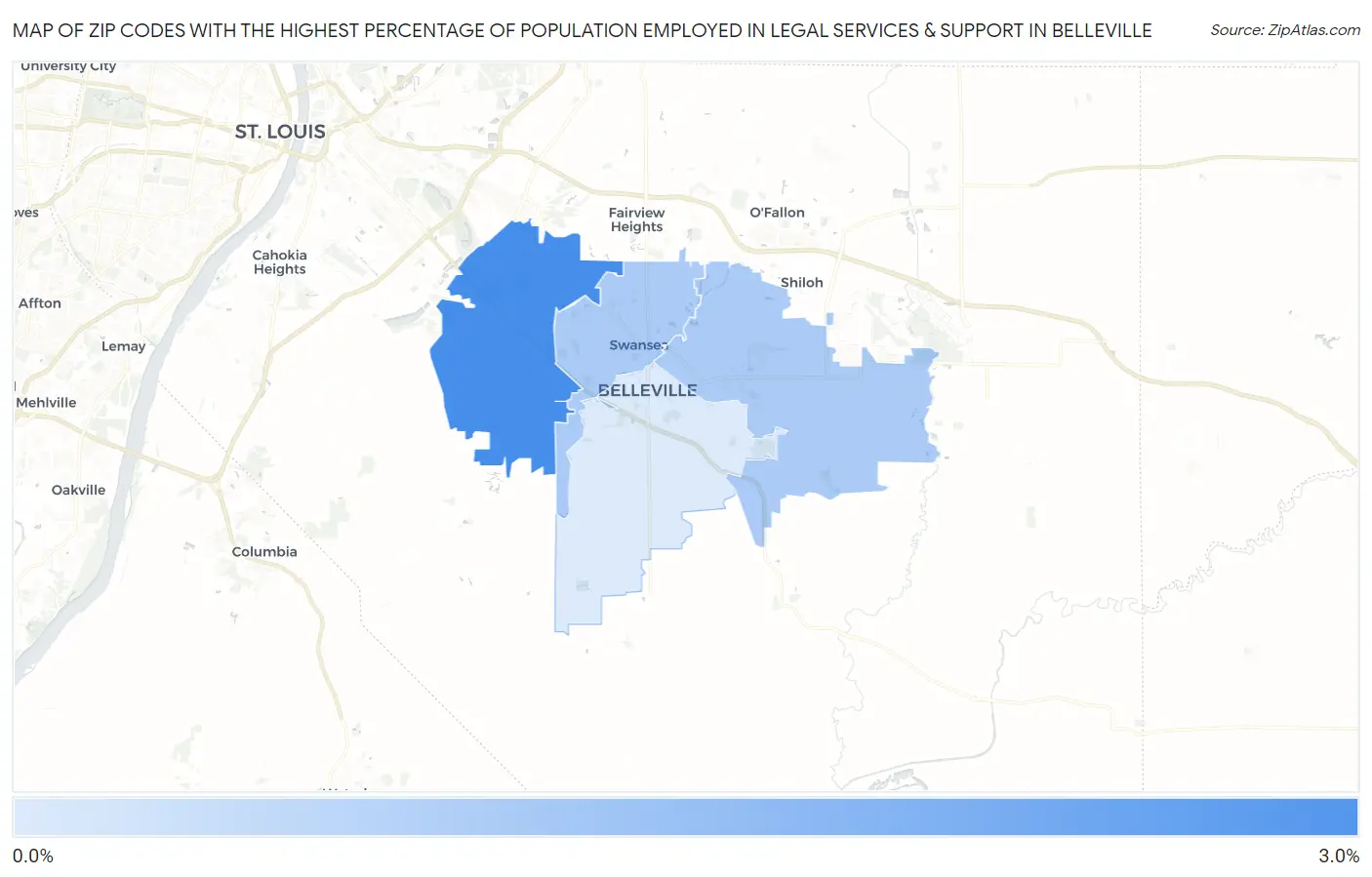 Zip Codes with the Highest Percentage of Population Employed in Legal Services & Support in Belleville Map