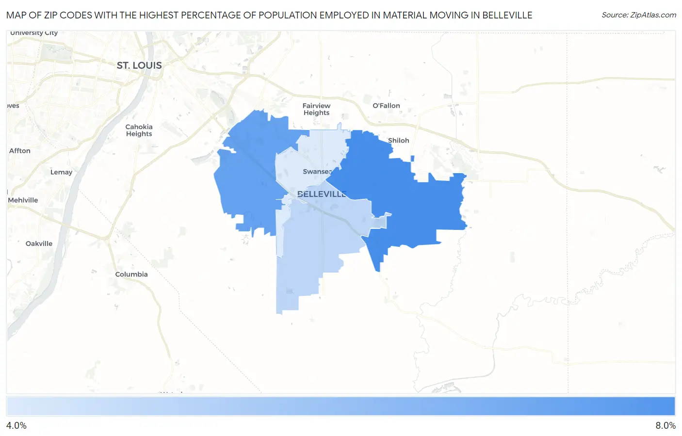 Zip Codes with the Highest Percentage of Population Employed in Material Moving in Belleville Map