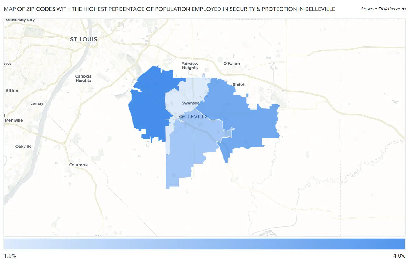 Zip Codes with the Highest Percentage of Population Employed in Security & Protection in Belleville Map