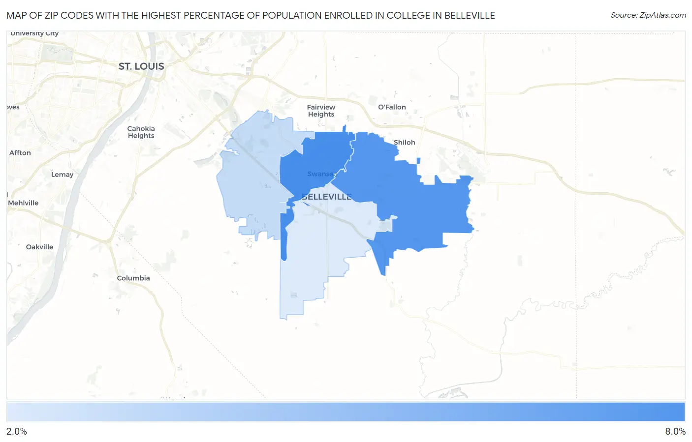 Zip Codes with the Highest Percentage of Population Enrolled in College in Belleville Map