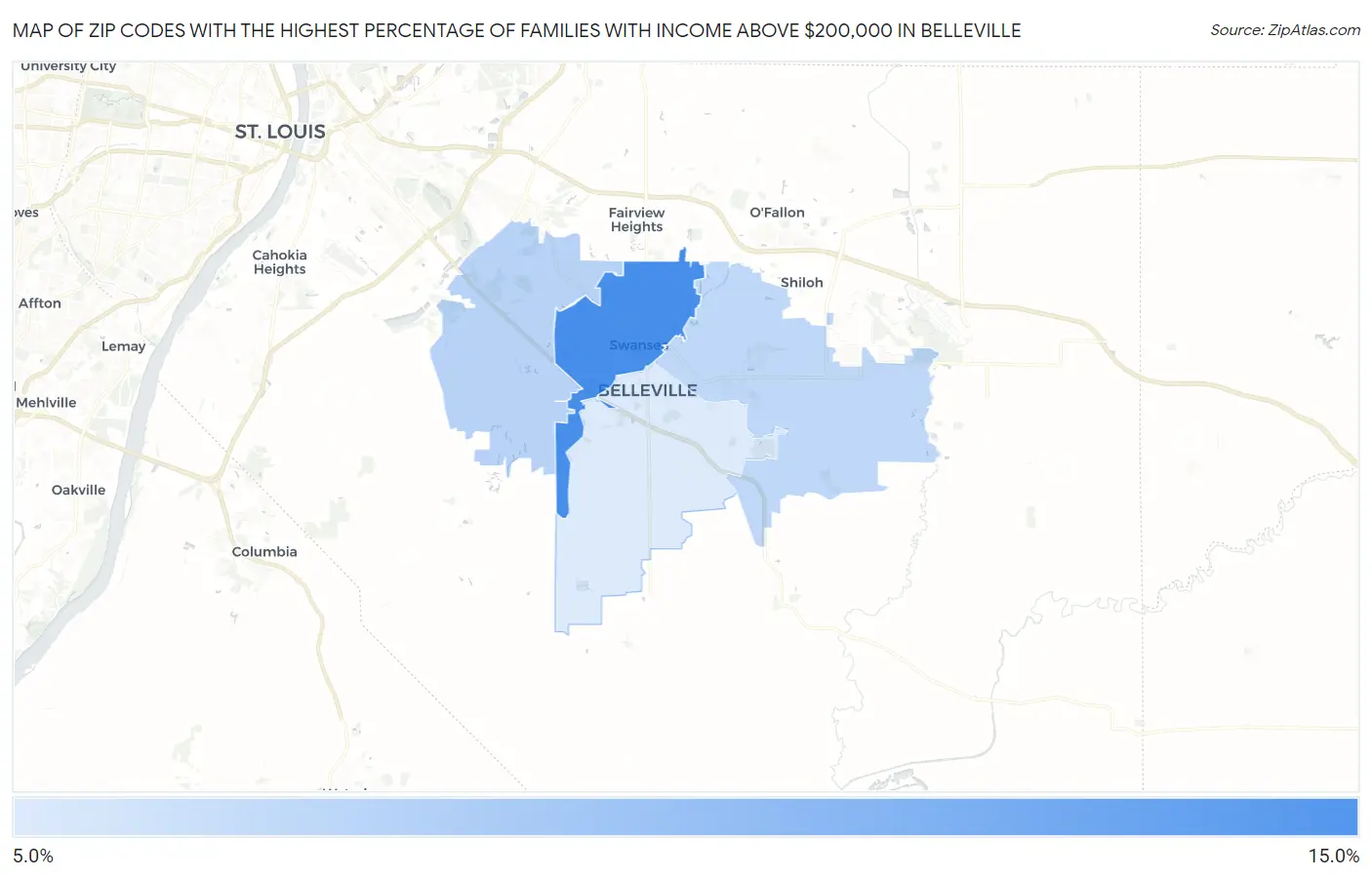 Zip Codes with the Highest Percentage of Families with Income Above $200,000 in Belleville Map