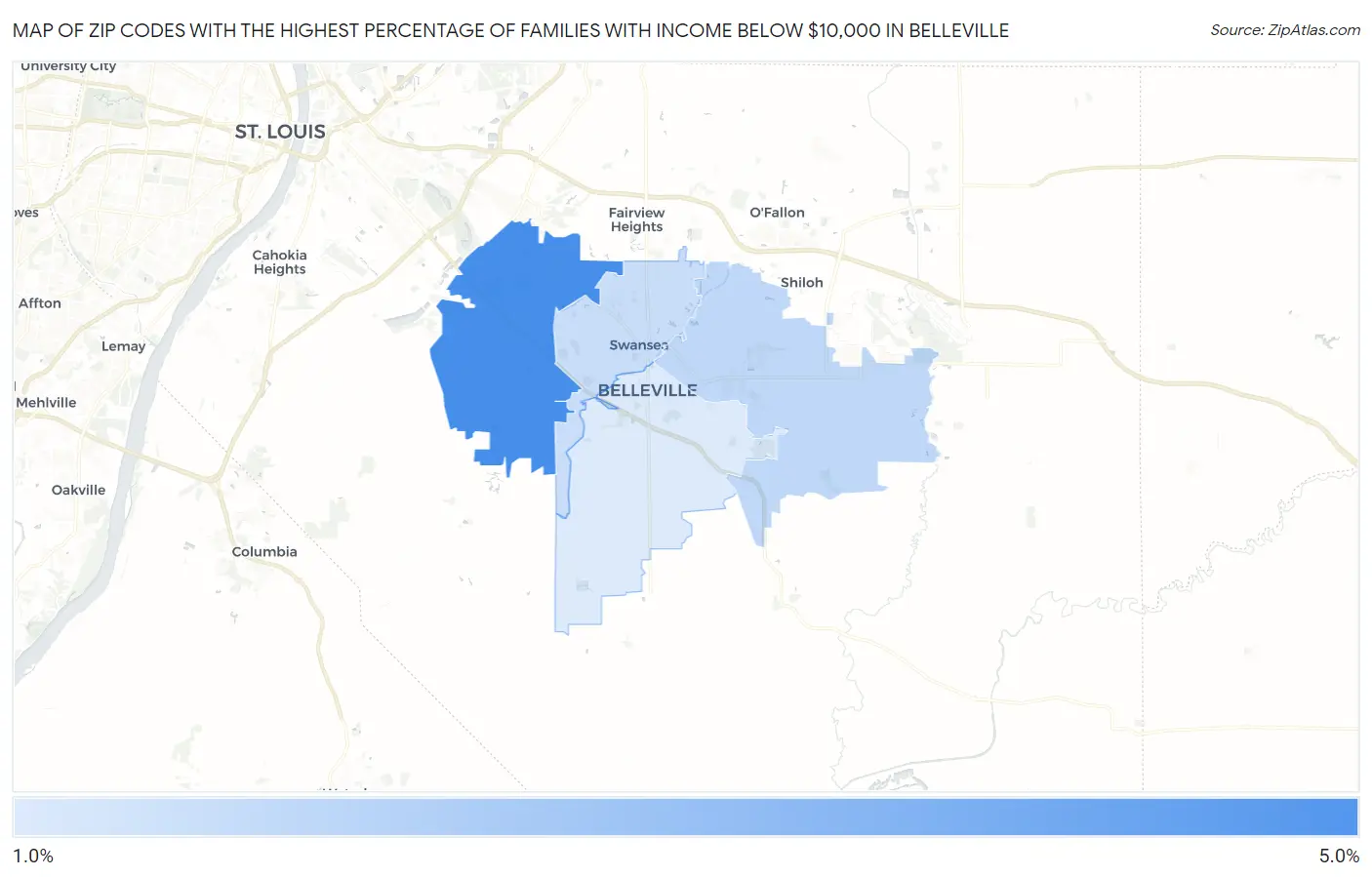 Zip Codes with the Highest Percentage of Families with Income Below $10,000 in Belleville Map