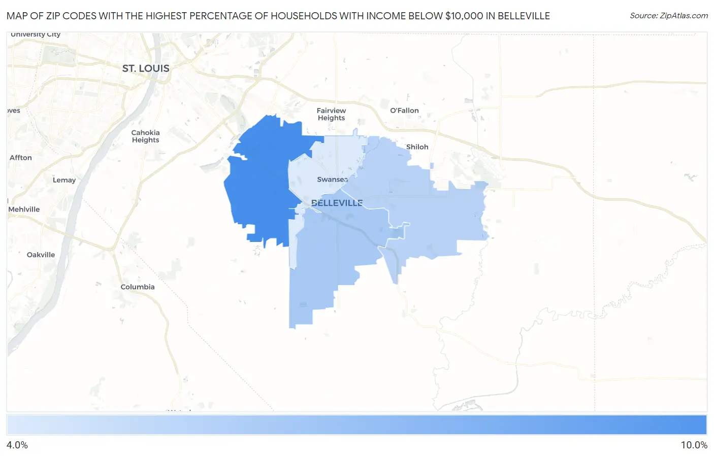 Zip Codes with the Highest Percentage of Households with Income Below $10,000 in Belleville Map