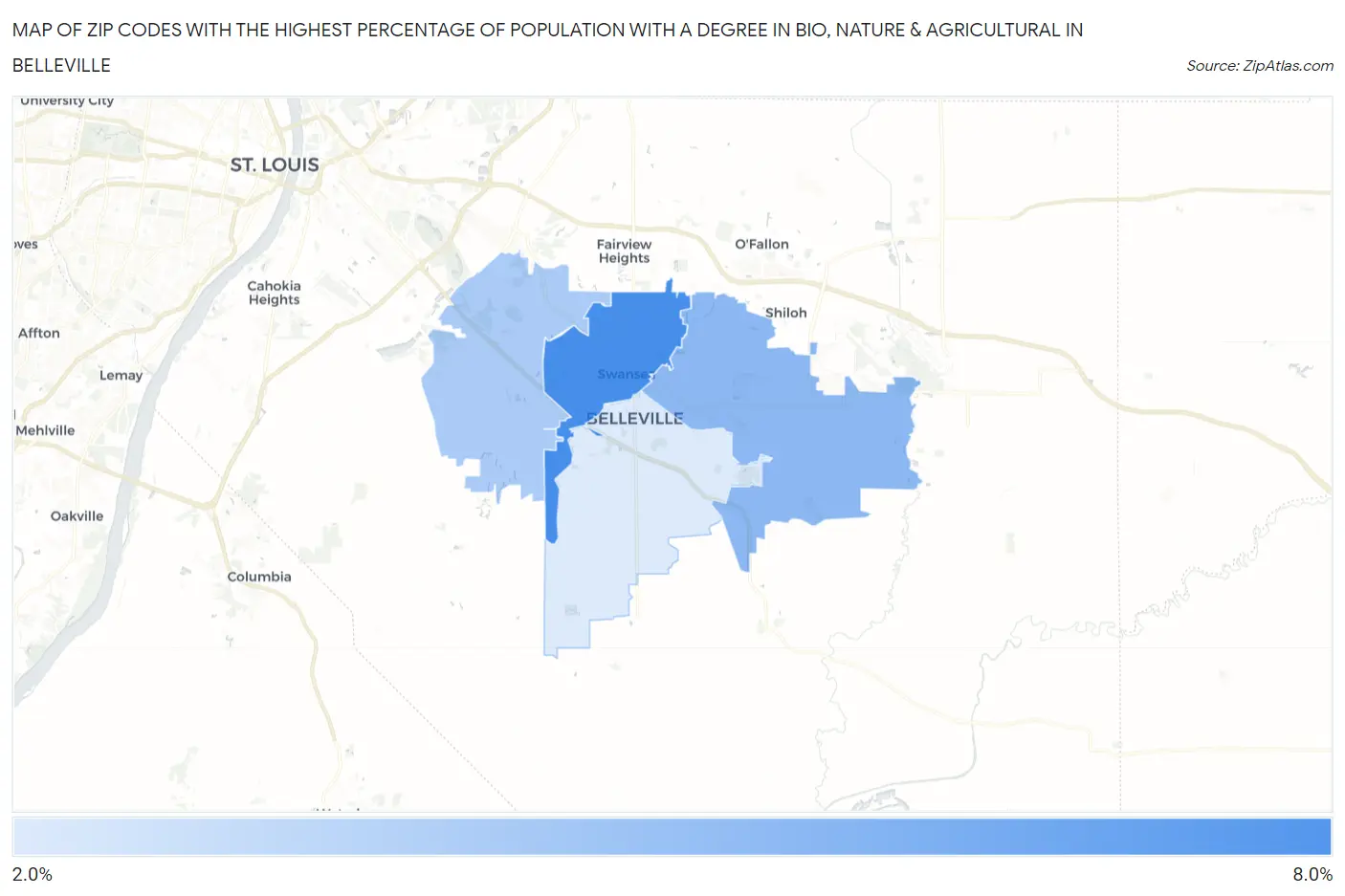 Zip Codes with the Highest Percentage of Population with a Degree in Bio, Nature & Agricultural in Belleville Map