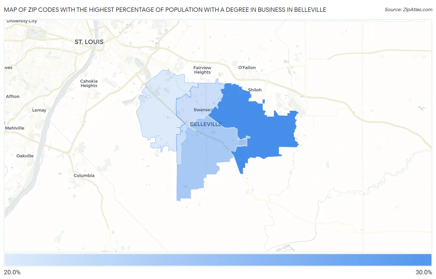 Zip Codes with the Highest Percentage of Population with a Degree in Business in Belleville Map