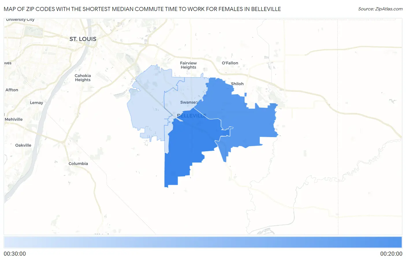 Zip Codes with the Shortest Median Commute Time to Work for Females in Belleville Map