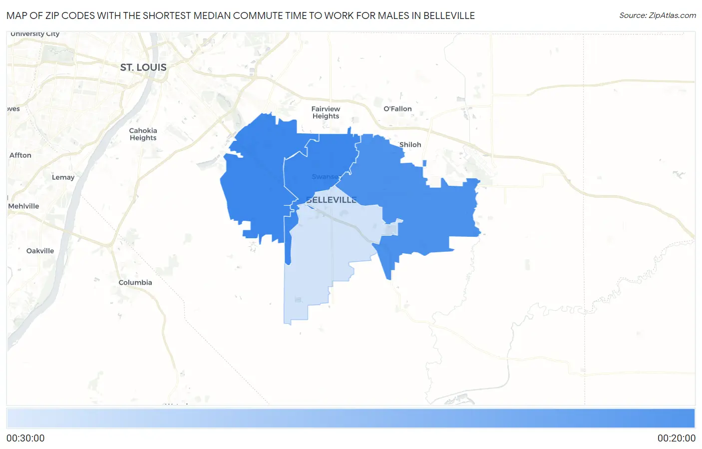 Zip Codes with the Shortest Median Commute Time to Work for Males in Belleville Map