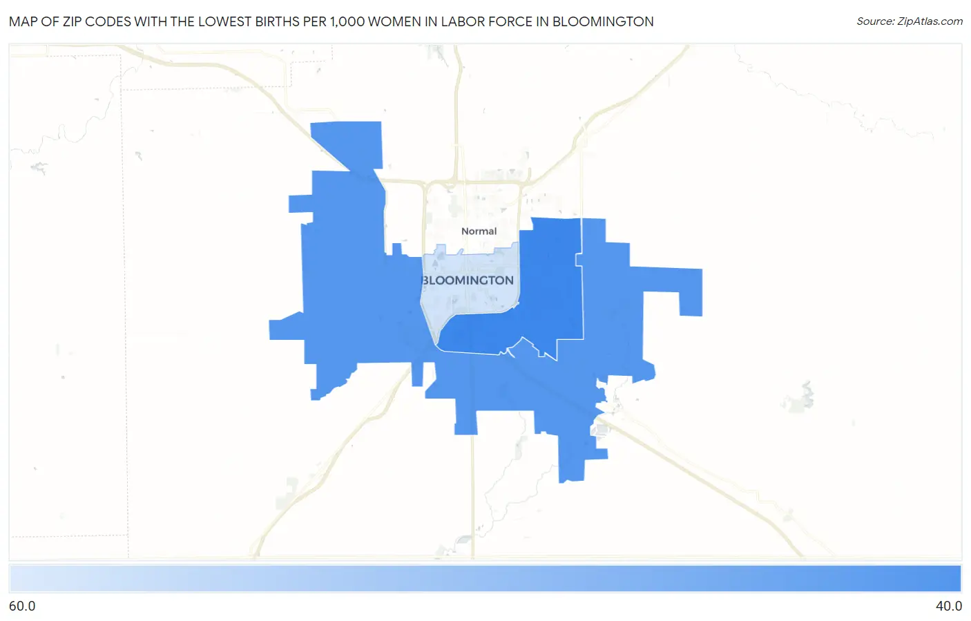 Zip Codes with the Lowest Births per 1,000 Women in Labor Force in Bloomington Map