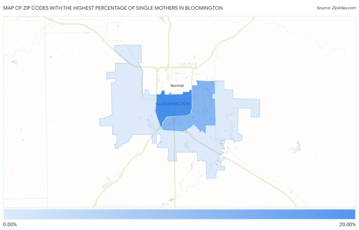 Zip Codes with the Highest Percentage of Single Mothers in Bloomington Map