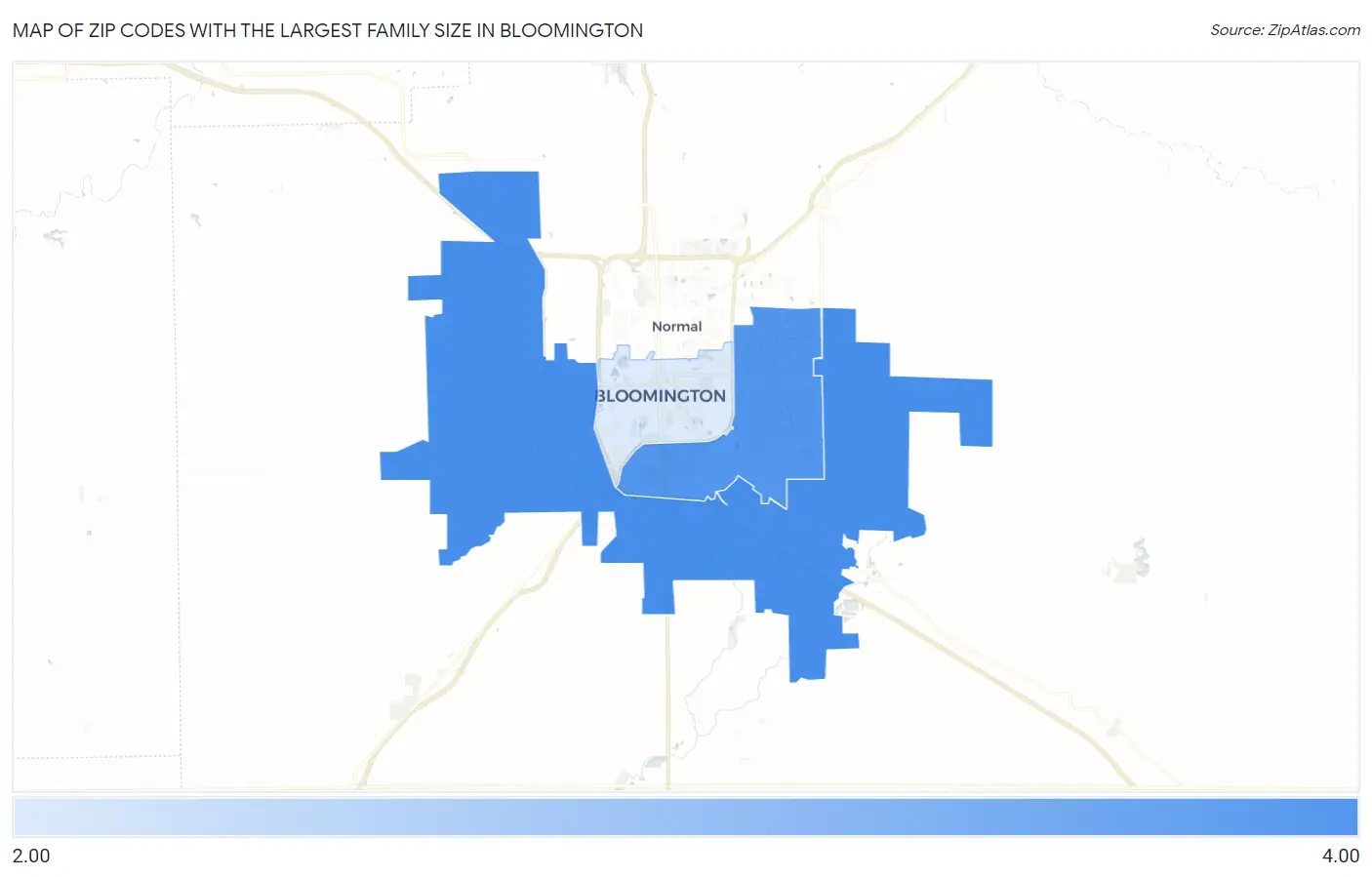 Zip Codes with the Largest Family Size in Bloomington Map