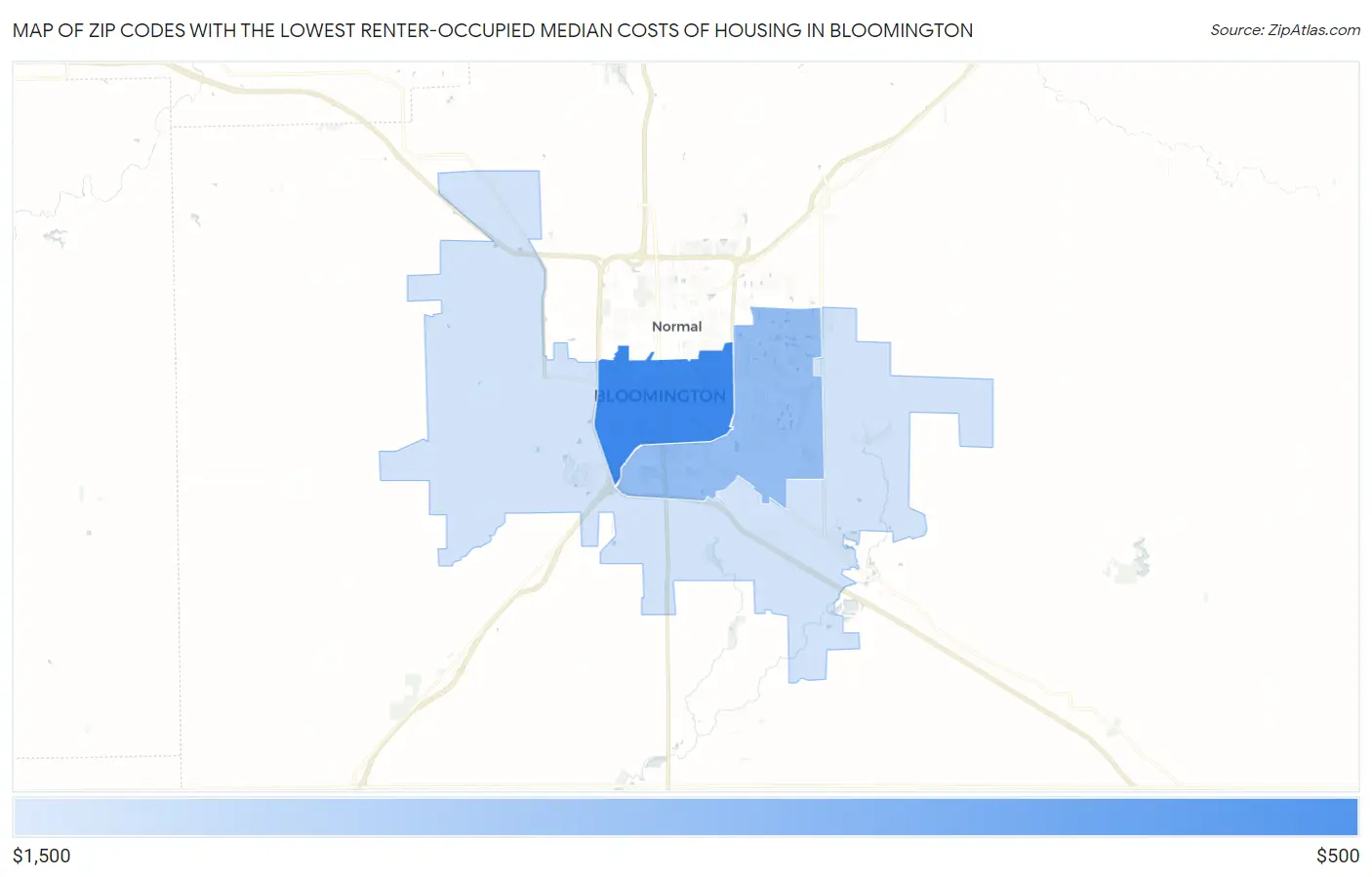 Zip Codes with the Lowest Renter-Occupied Median Costs of Housing in Bloomington Map