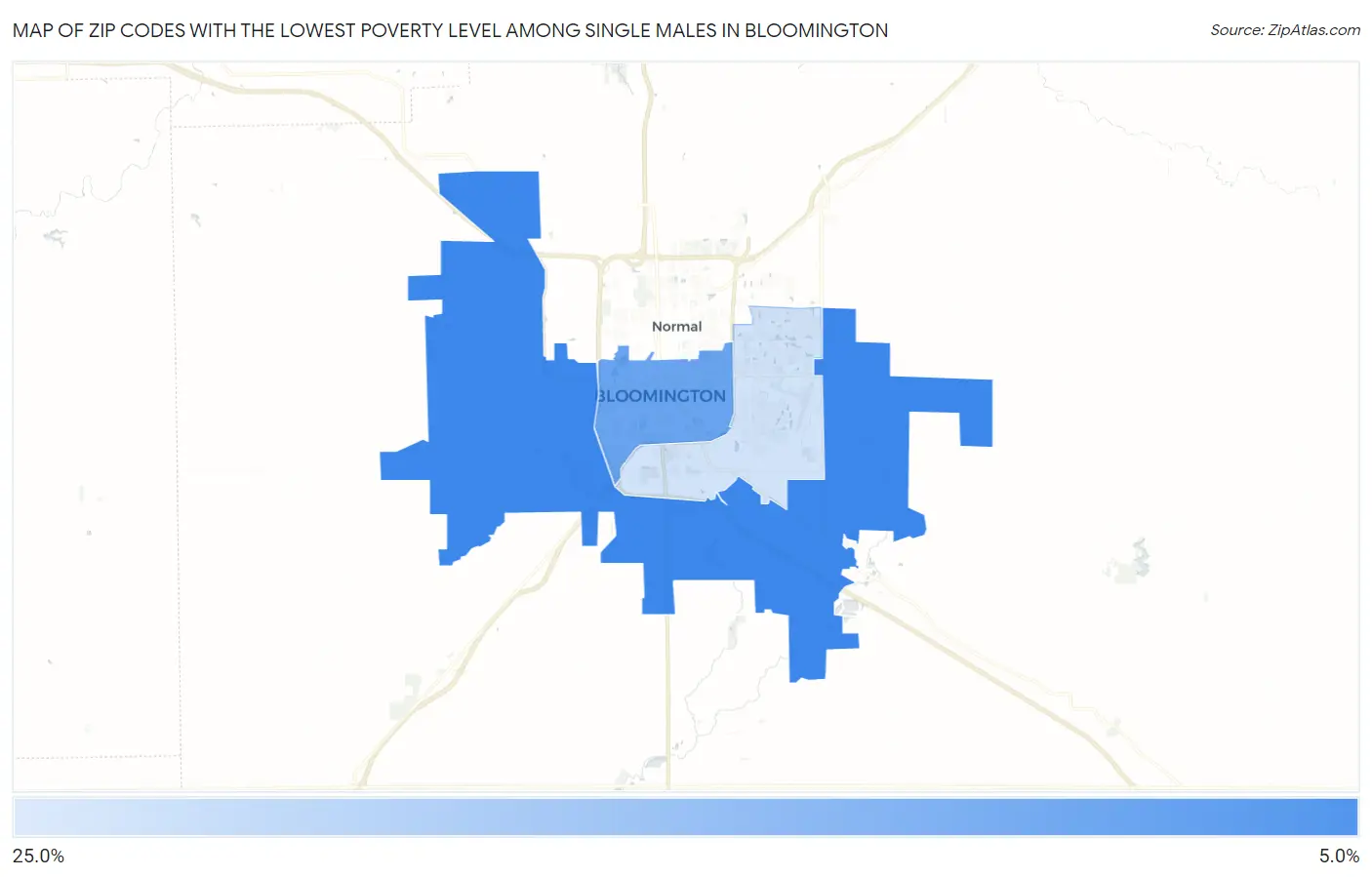 Zip Codes with the Lowest Poverty Level Among Single Males in Bloomington Map