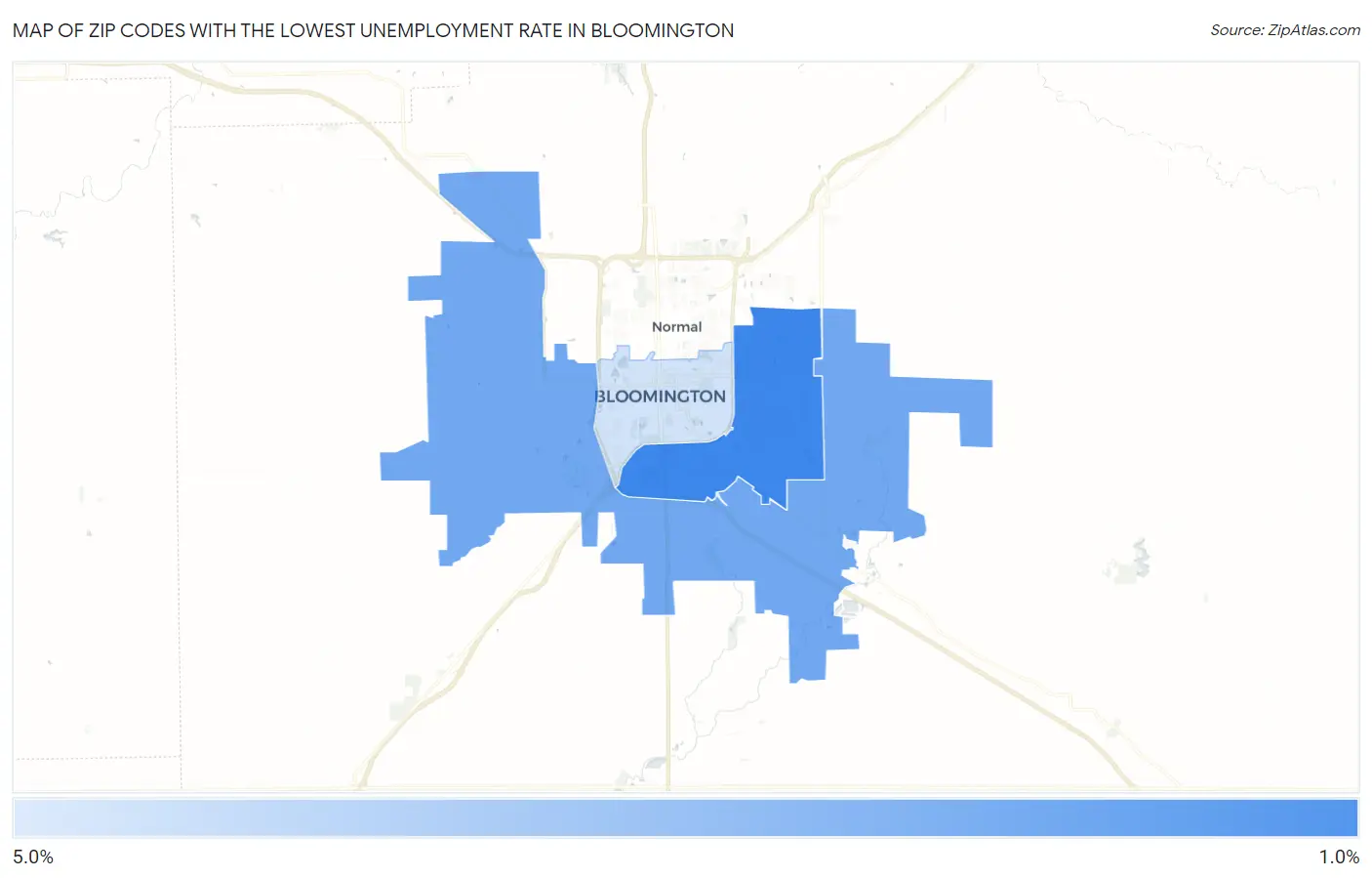 Zip Codes with the Lowest Unemployment Rate in Bloomington Map