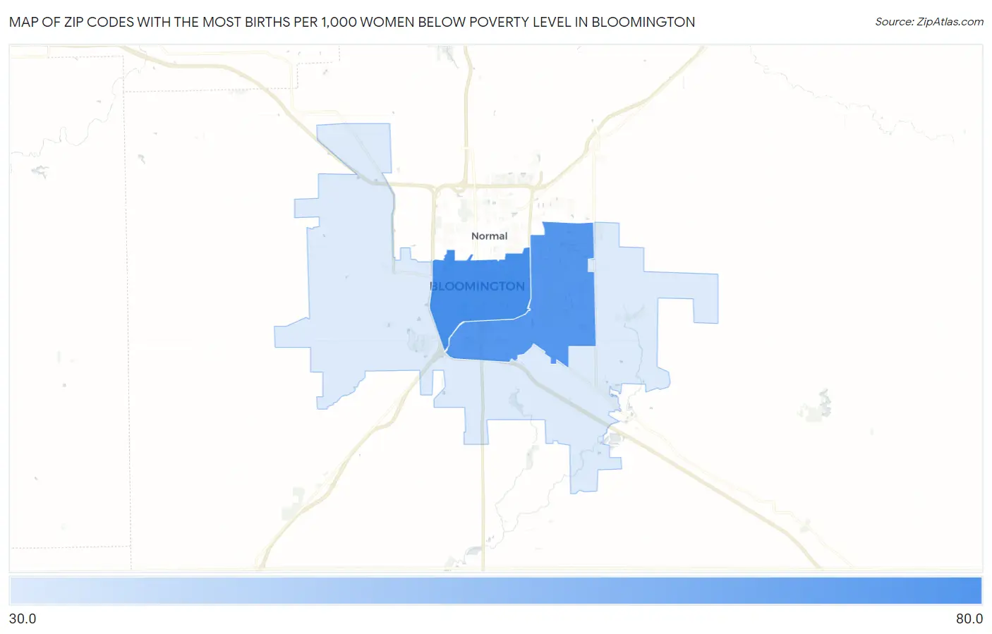 Zip Codes with the Most Births per 1,000 Women Below Poverty Level in Bloomington Map
