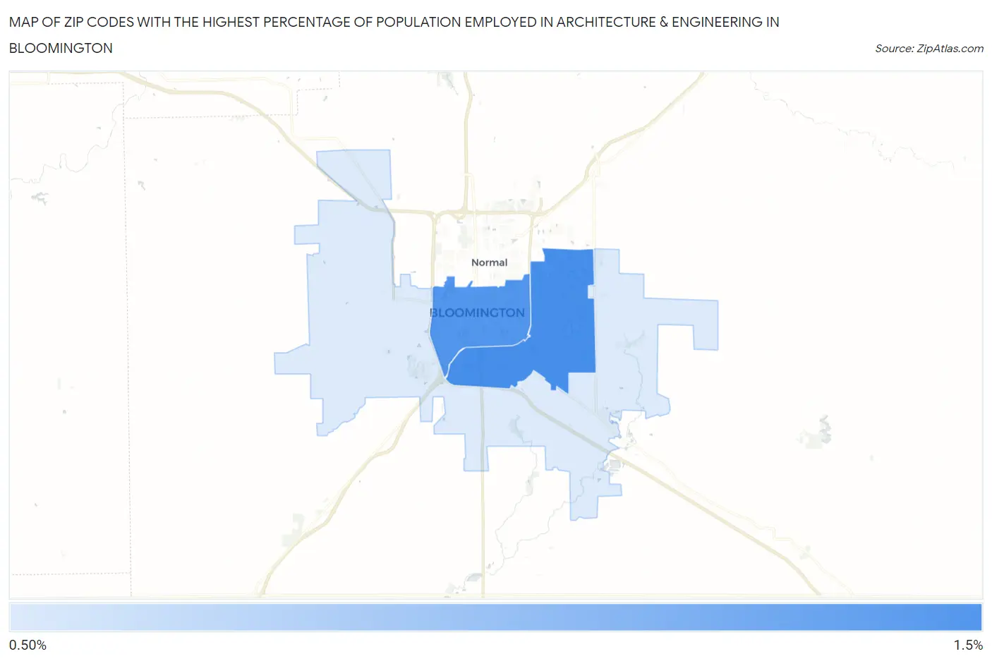 Zip Codes with the Highest Percentage of Population Employed in Architecture & Engineering in Bloomington Map