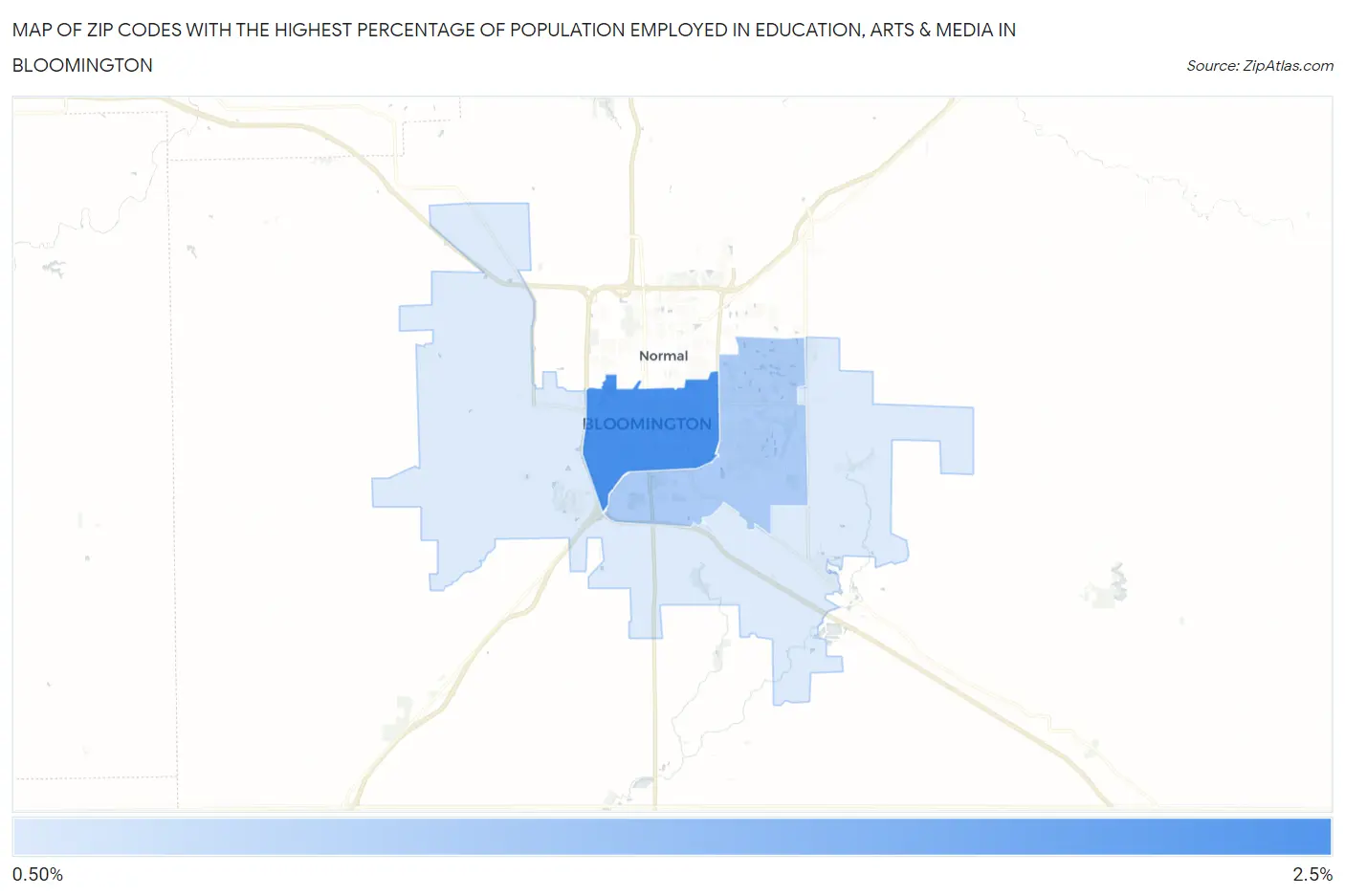 Zip Codes with the Highest Percentage of Population Employed in Education, Arts & Media in Bloomington Map
