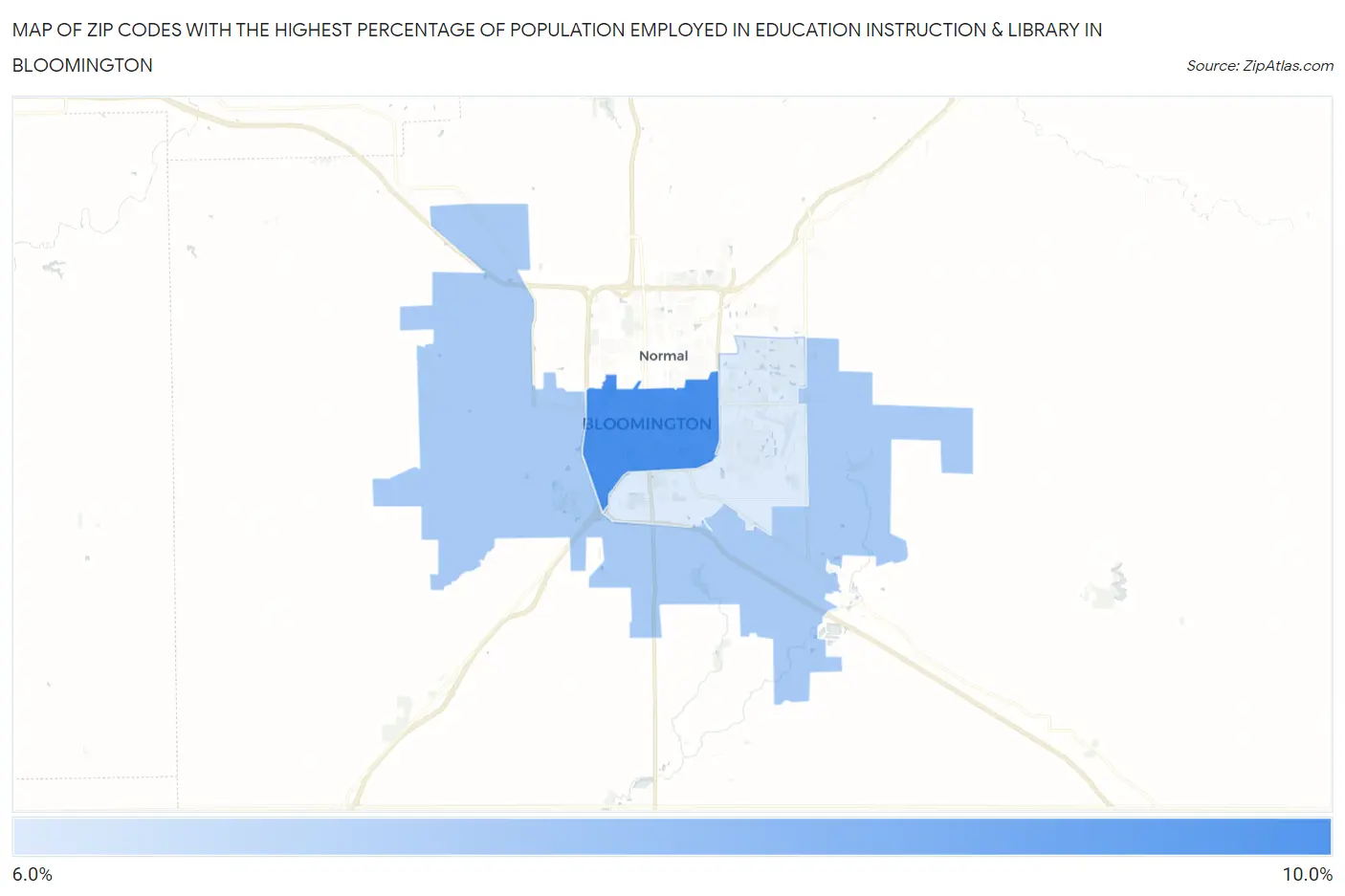 Zip Codes with the Highest Percentage of Population Employed in Education Instruction & Library in Bloomington Map