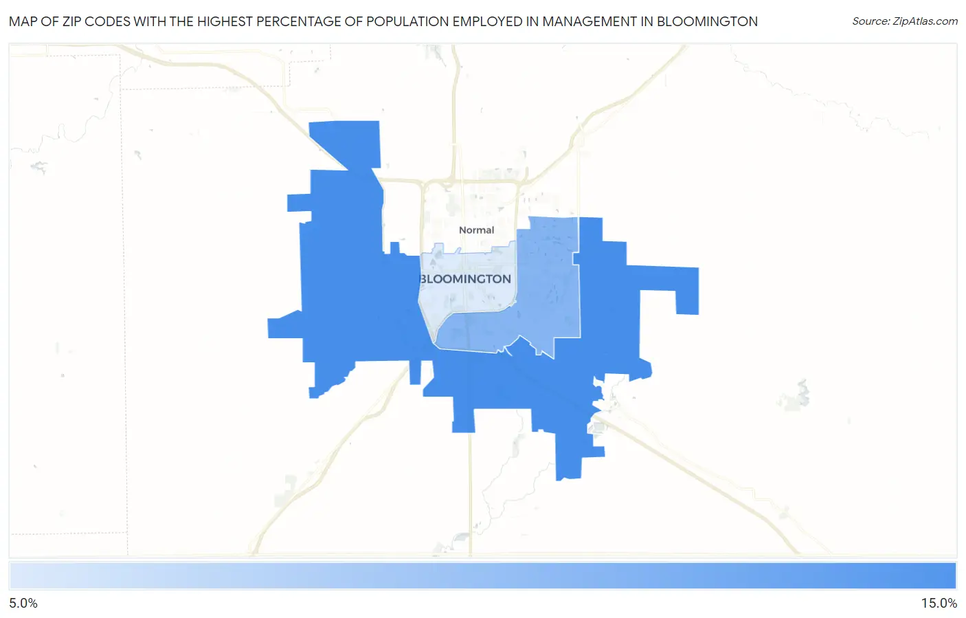 Zip Codes with the Highest Percentage of Population Employed in Management in Bloomington Map