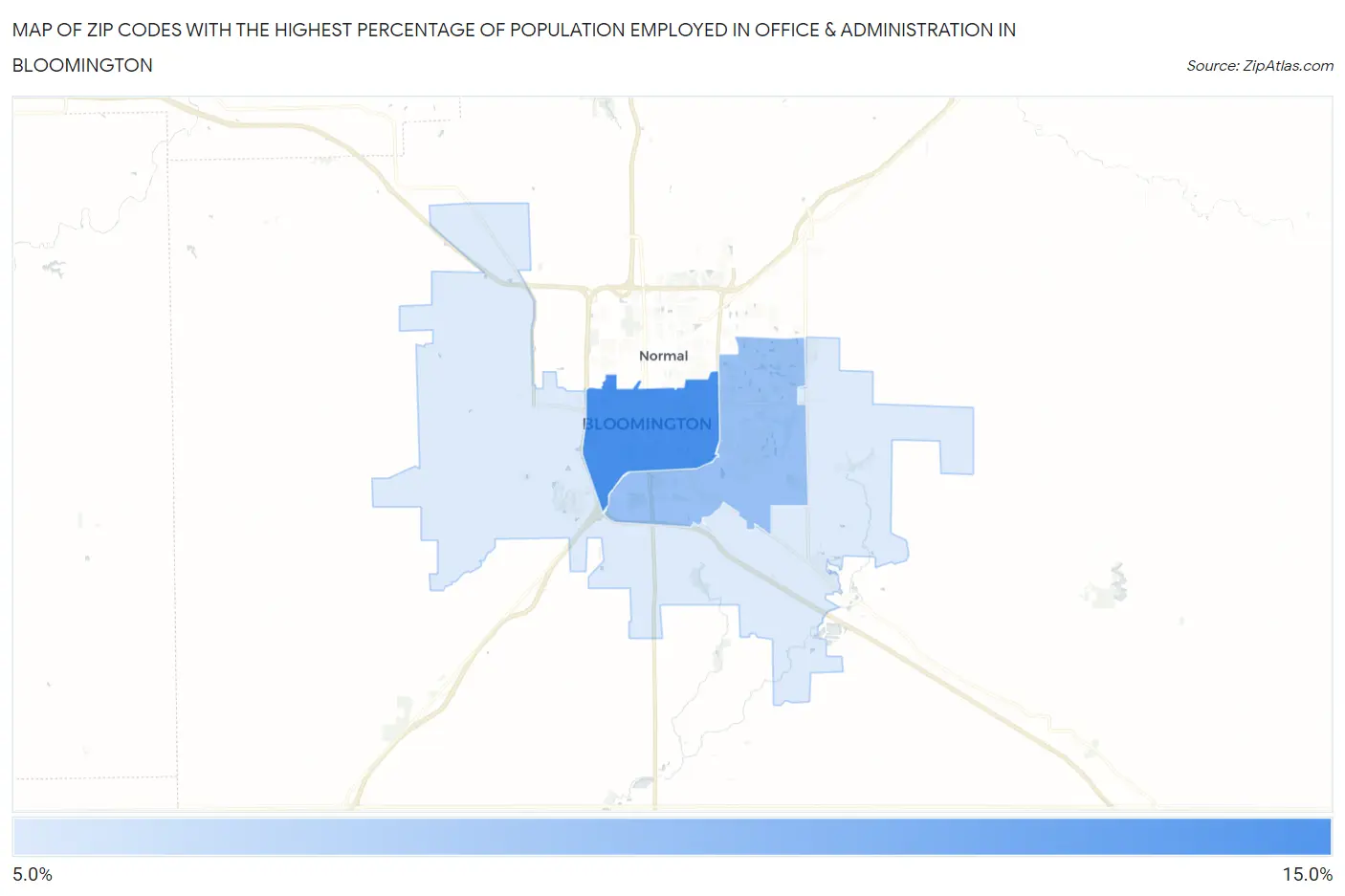 Zip Codes with the Highest Percentage of Population Employed in Office & Administration in Bloomington Map