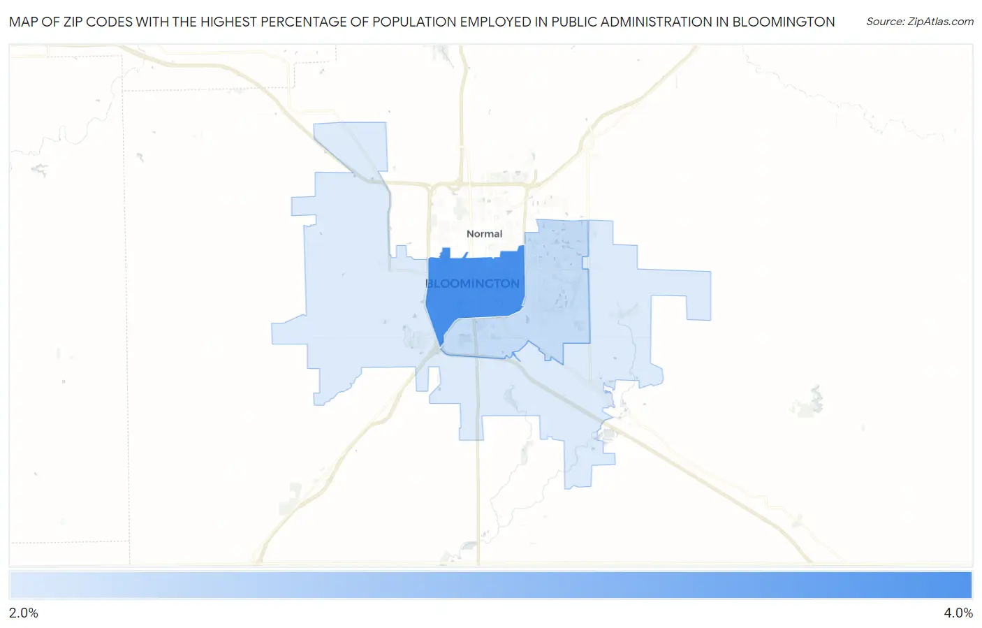 Zip Codes with the Highest Percentage of Population Employed in Public Administration in Bloomington Map