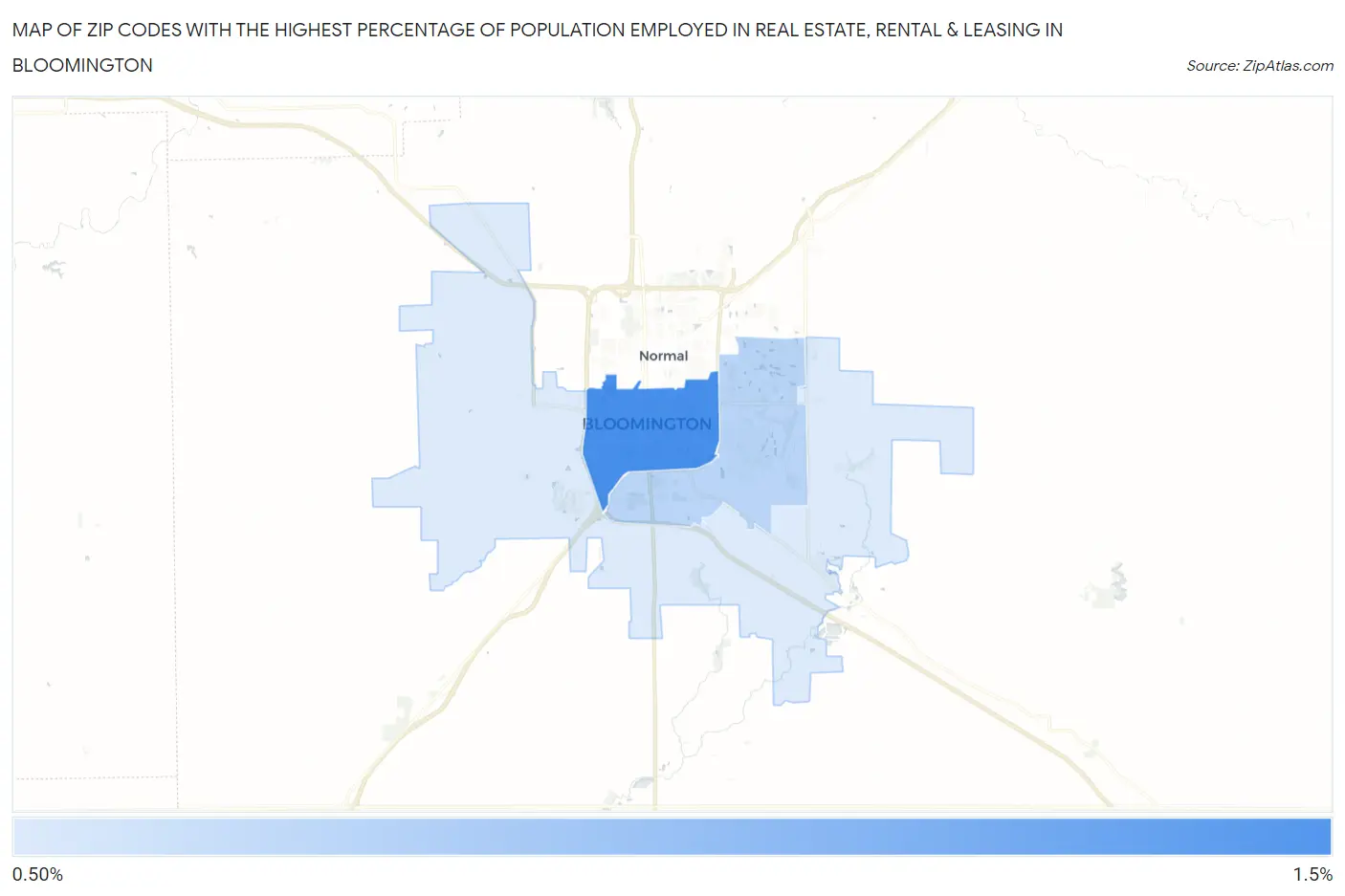 Zip Codes with the Highest Percentage of Population Employed in Real Estate, Rental & Leasing in Bloomington Map