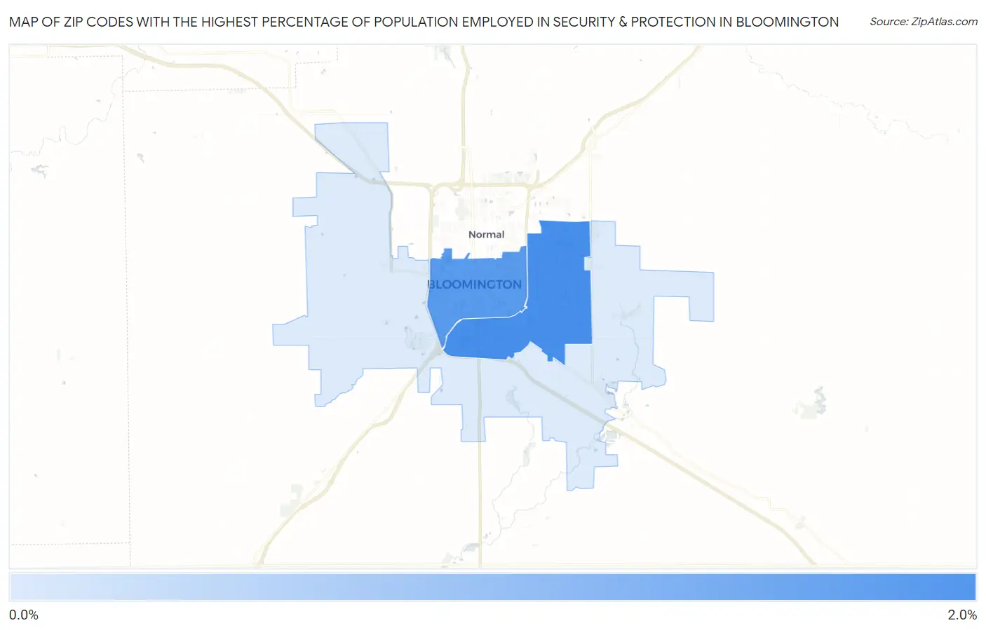 Zip Codes with the Highest Percentage of Population Employed in Security & Protection in Bloomington Map
