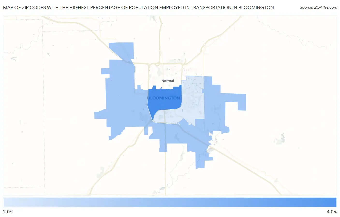 Zip Codes with the Highest Percentage of Population Employed in Transportation in Bloomington Map