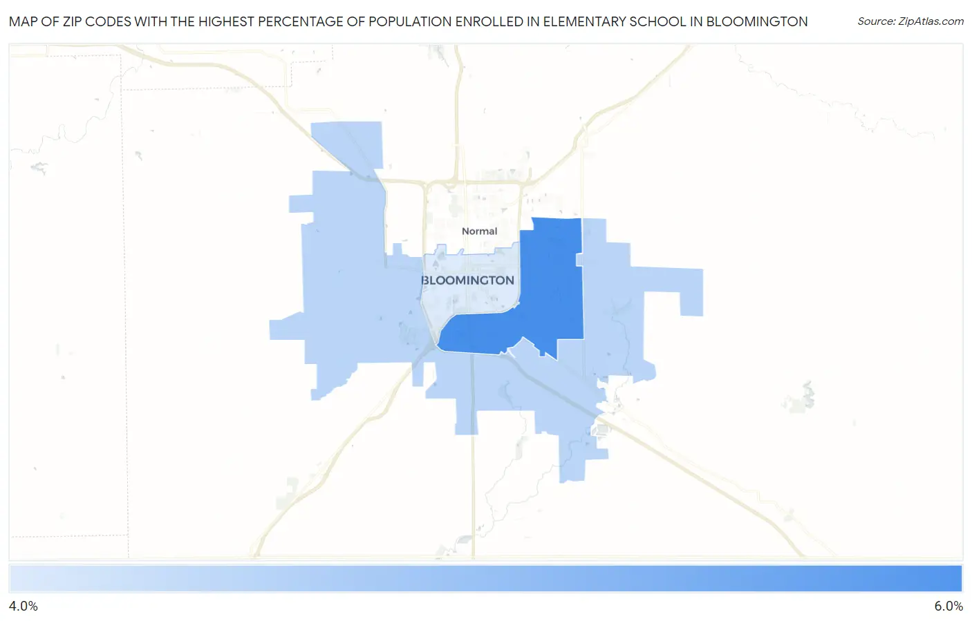 Zip Codes with the Highest Percentage of Population Enrolled in Elementary School in Bloomington Map