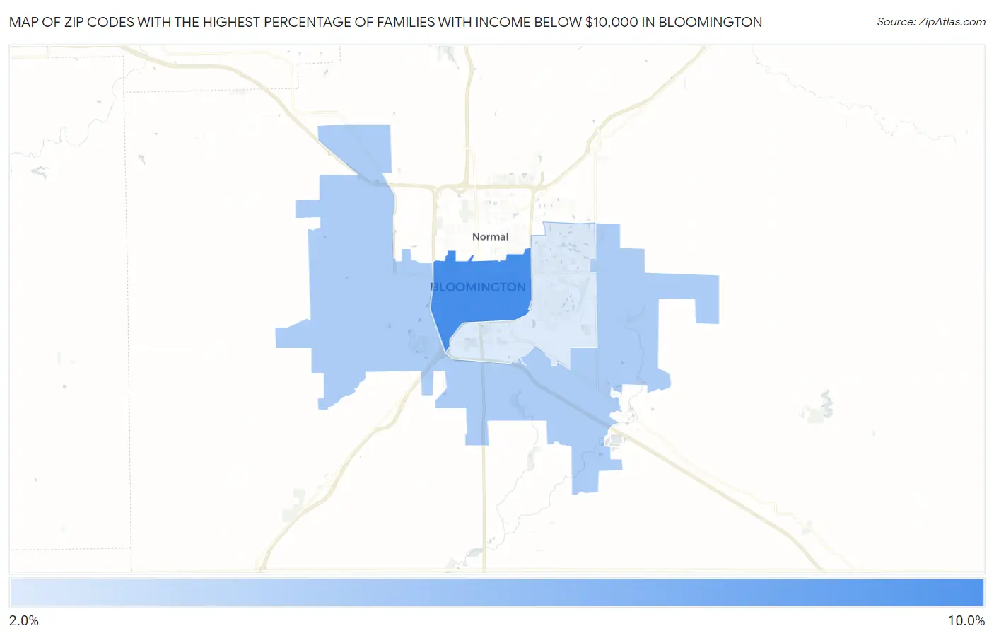 Zip Codes with the Highest Percentage of Families with Income Below $10,000 in Bloomington Map