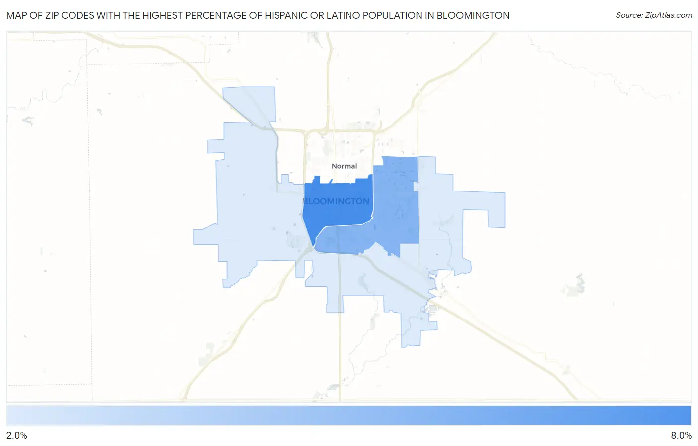 Zip Codes with the Highest Percentage of Hispanic or Latino Population in Bloomington Map