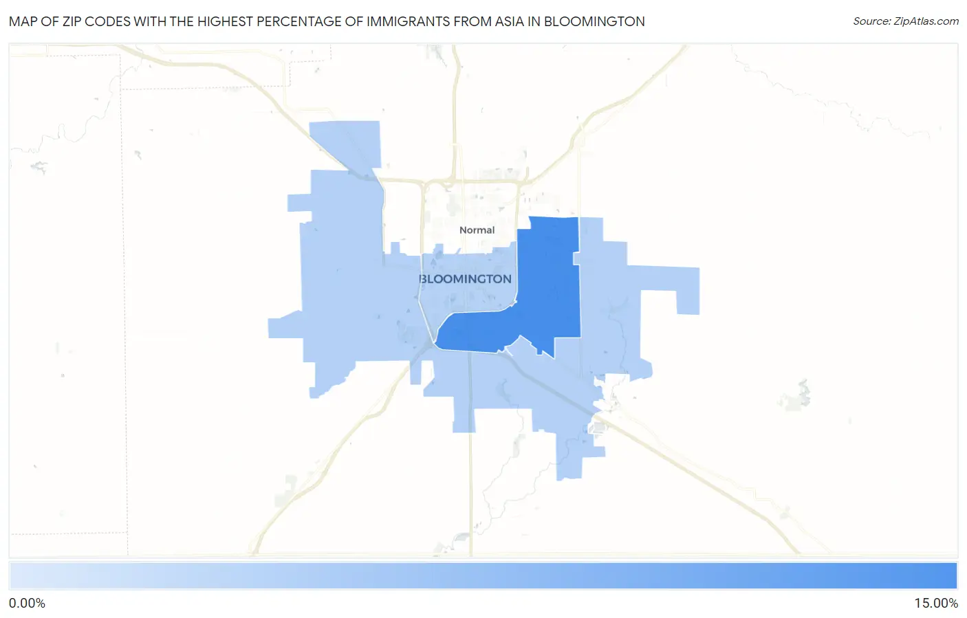 Zip Codes with the Highest Percentage of Immigrants from Asia in Bloomington Map