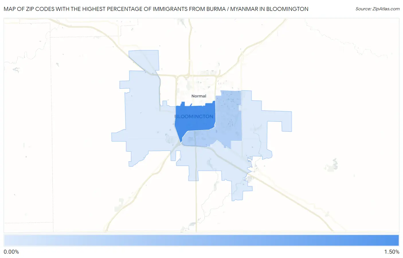 Zip Codes with the Highest Percentage of Immigrants from Burma / Myanmar in Bloomington Map