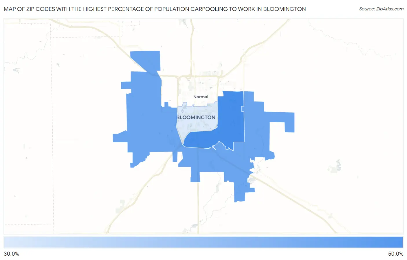 Zip Codes with the Highest Percentage of Population Carpooling to Work in Bloomington Map