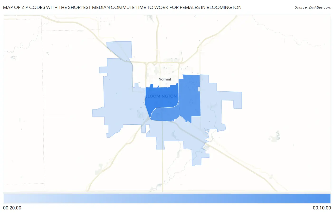 Zip Codes with the Shortest Median Commute Time to Work for Females in Bloomington Map