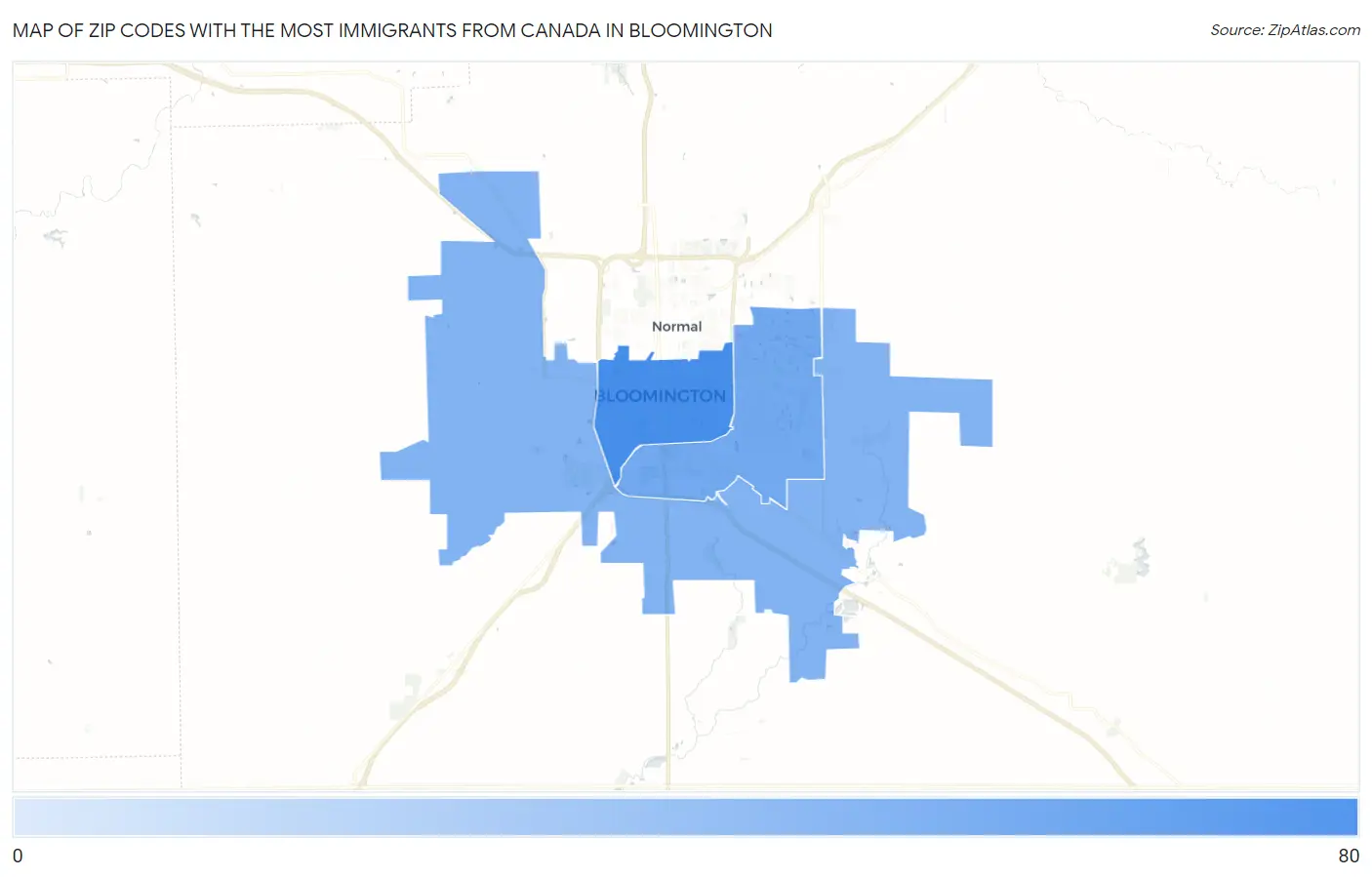 Zip Codes with the Most Immigrants from Canada in Bloomington Map