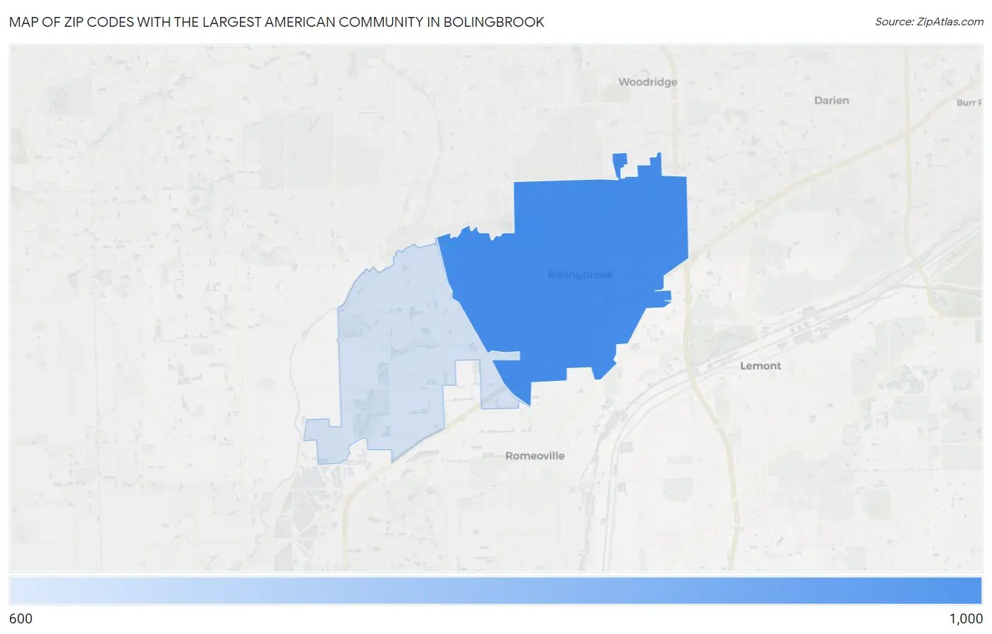 Zip Codes with the Largest American Community in Bolingbrook Map