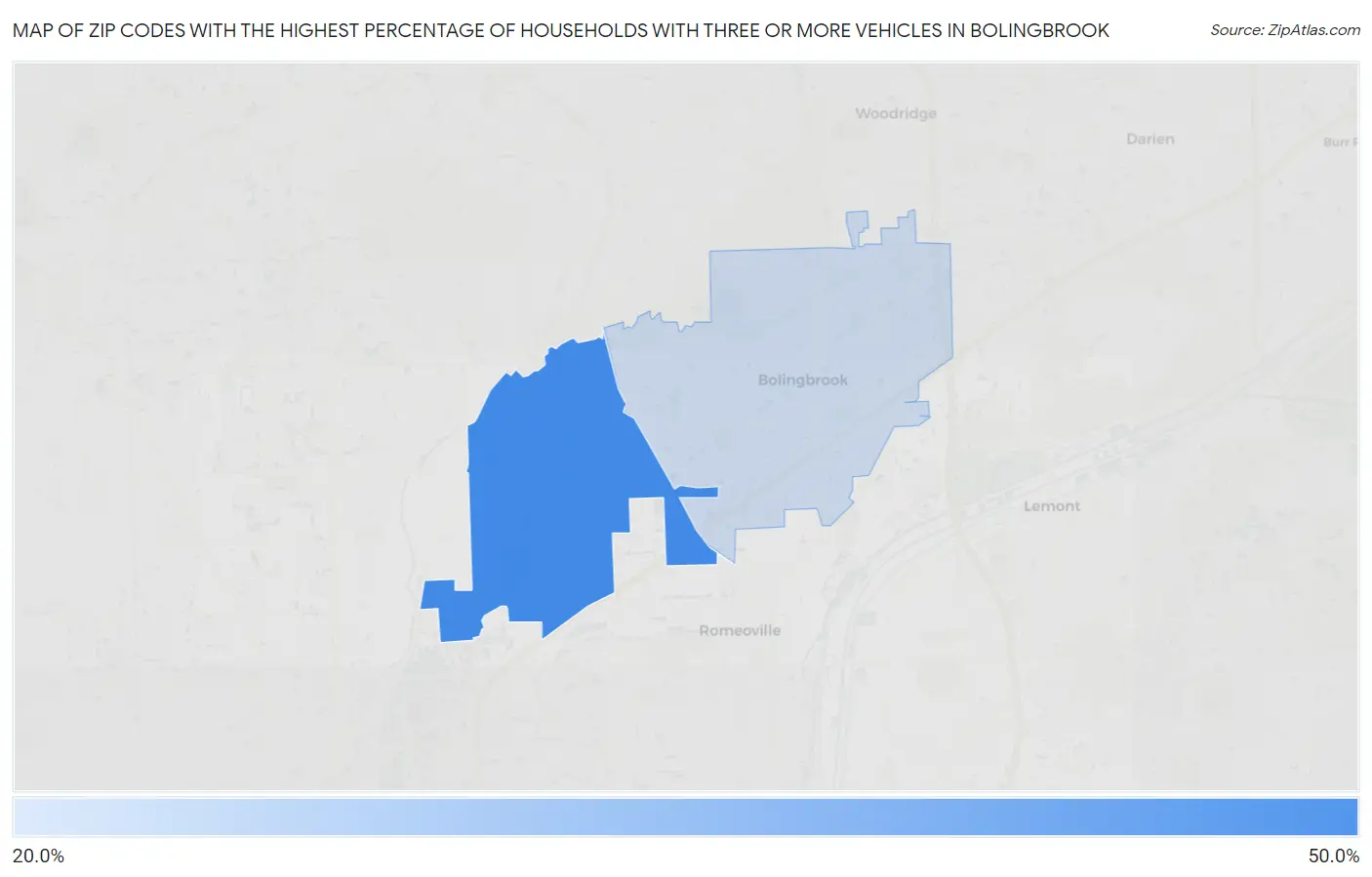 Zip Codes with the Highest Percentage of Households With Three or more Vehicles in Bolingbrook Map