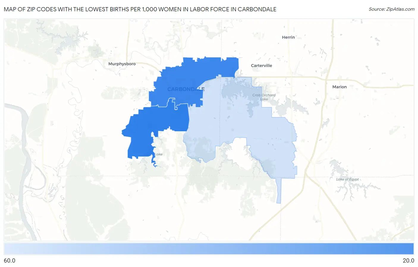 Zip Codes with the Lowest Births per 1,000 Women in Labor Force in Carbondale Map