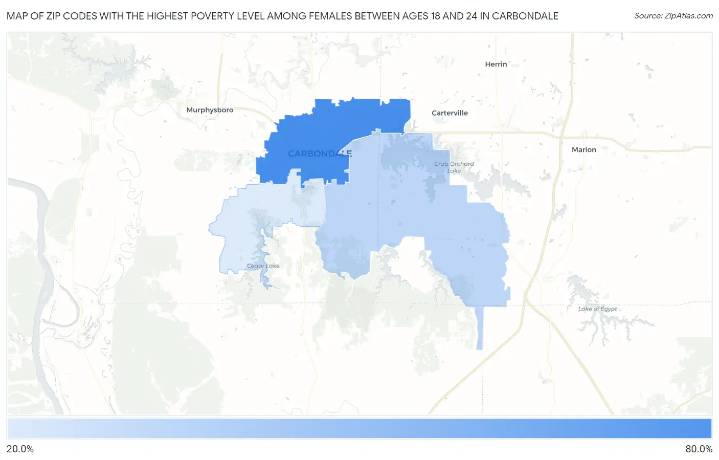 Zip Codes with the Highest Poverty Level Among Females Between Ages 18 and 24 in Carbondale Map